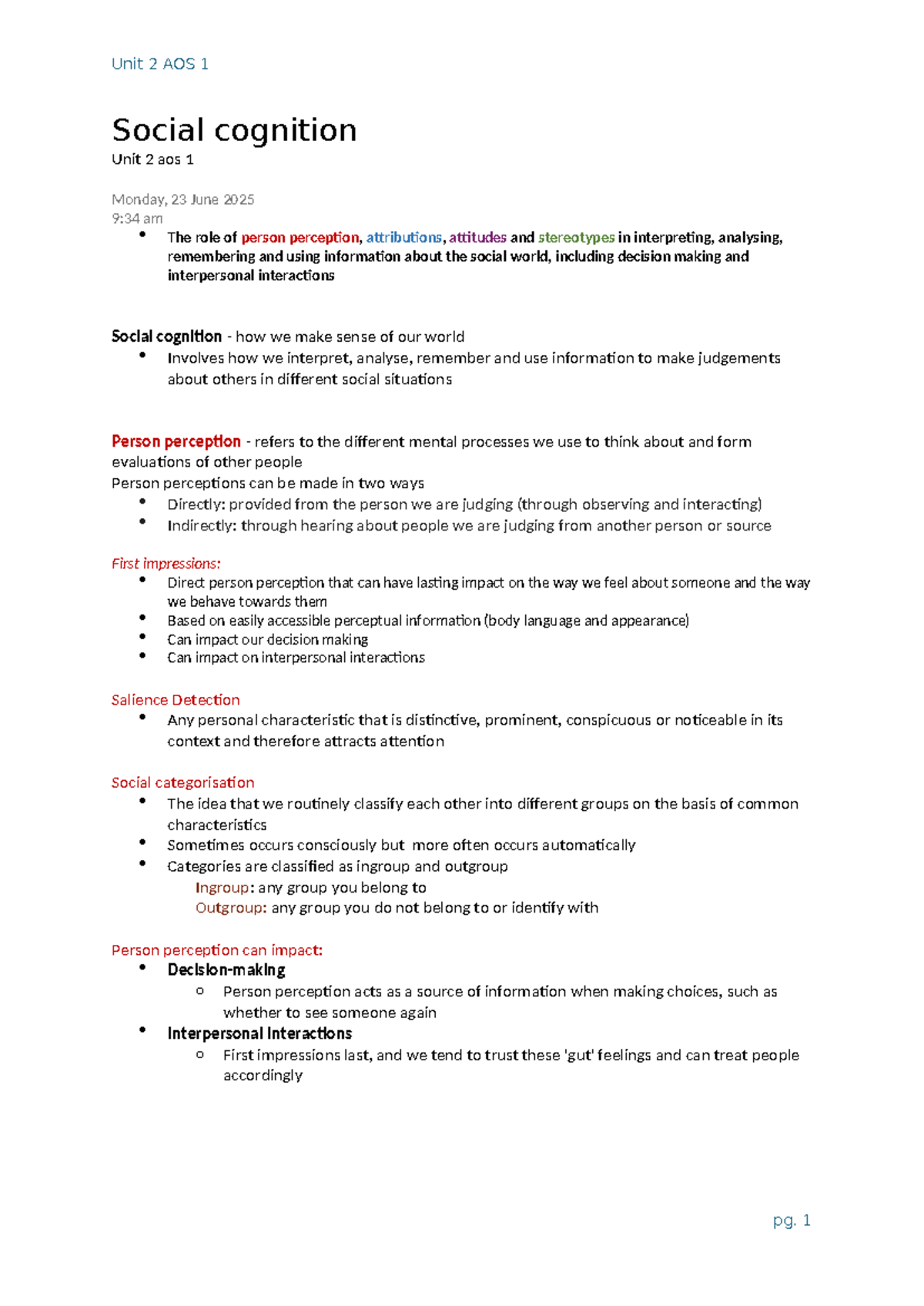 Unit 2 AOS 1 Social Cognition: Understanding Person Perception and ...