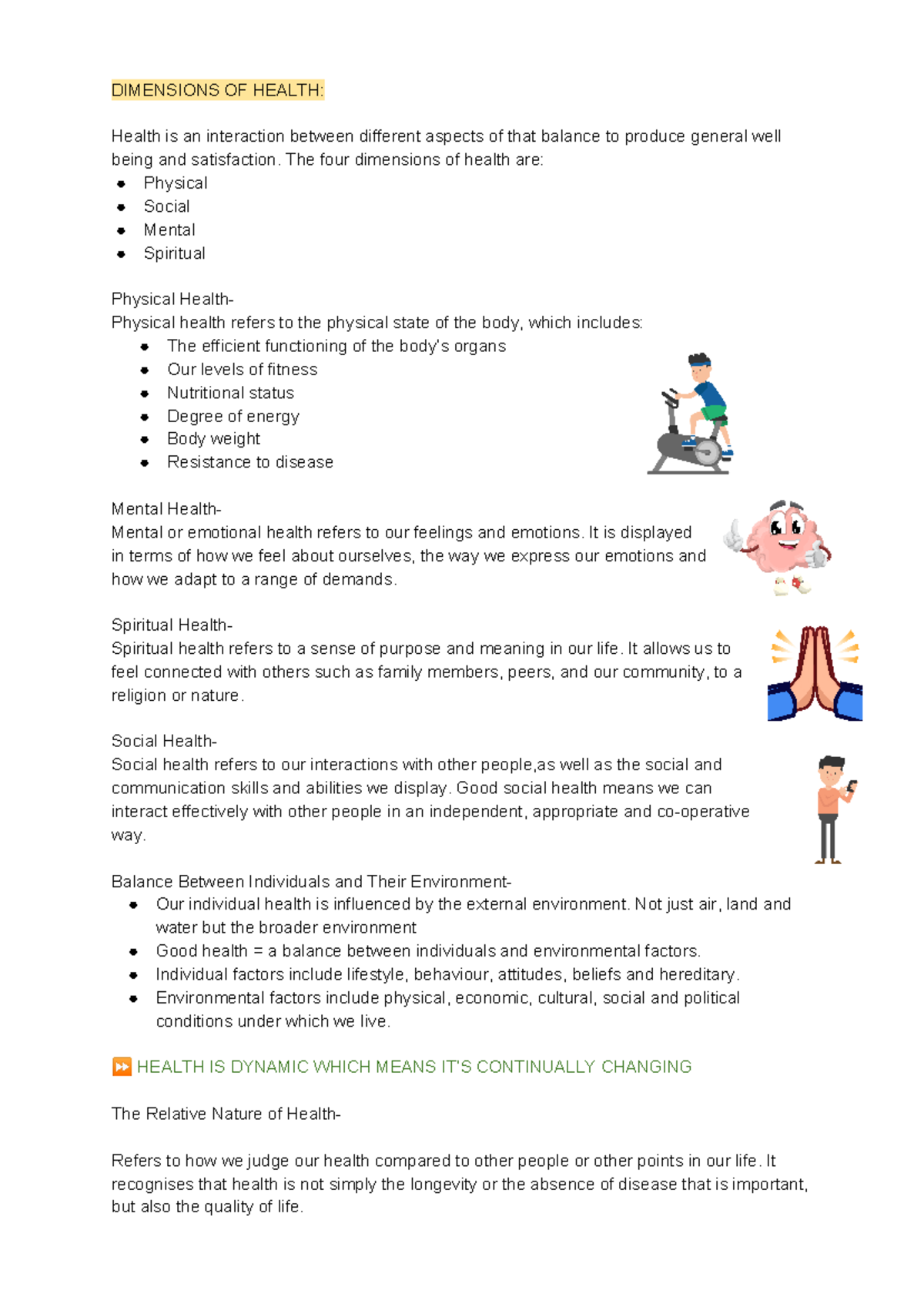 Pdhpe Notes preliminary year 11 - DIMENSIONS OF HEALTH: Health is an ...
