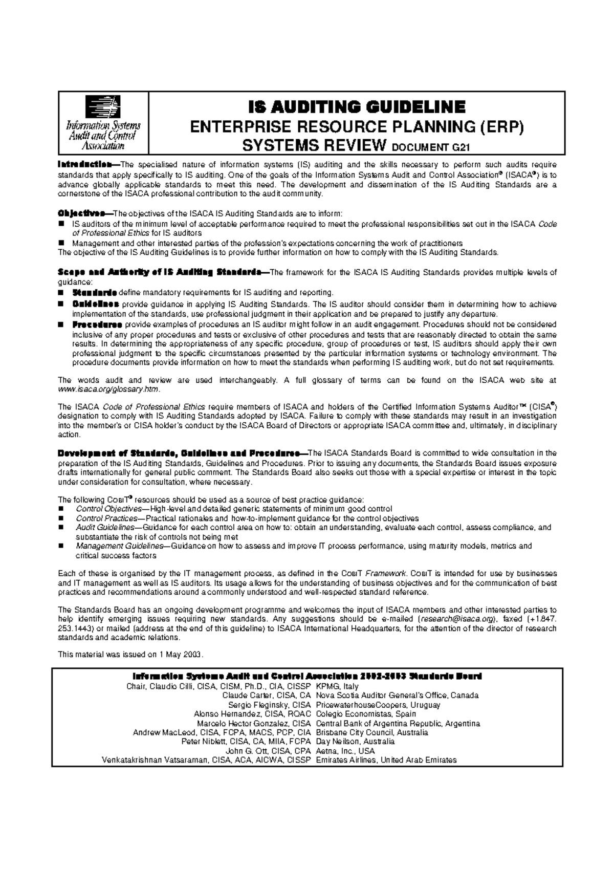 ISACA IS Auditing Guidelines for ERP Systems Review - IS Auditing - Studocu