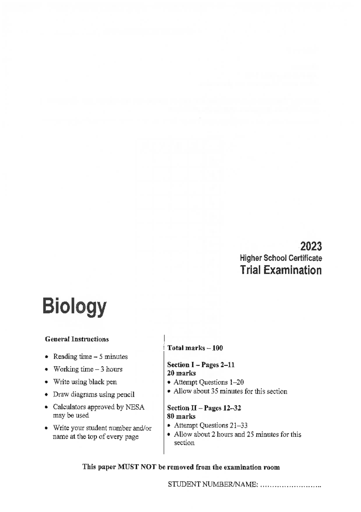 Biology HSC Trial Exam 2023: General Instructions & Questions - Studocu