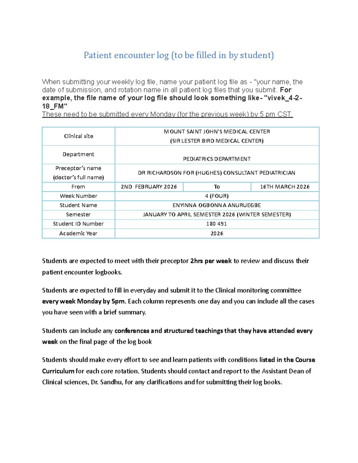 Patient Encounter Log for Pediatrics Rotation (180 491) - Enyinna ...