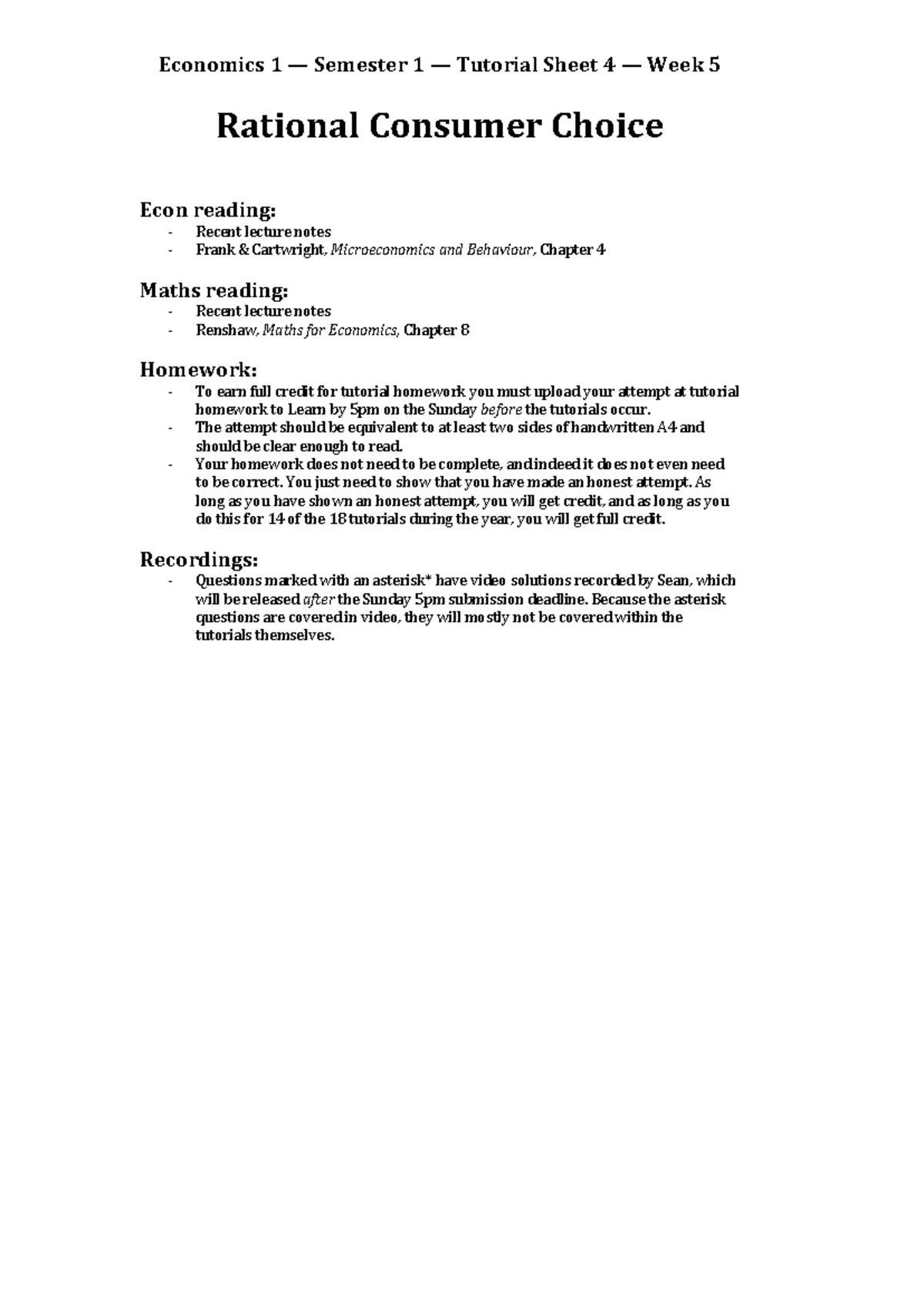 Econ 1 S1 W5 Tutorial Sheet 4: Rational Consumer Choice Solutions - Studocu