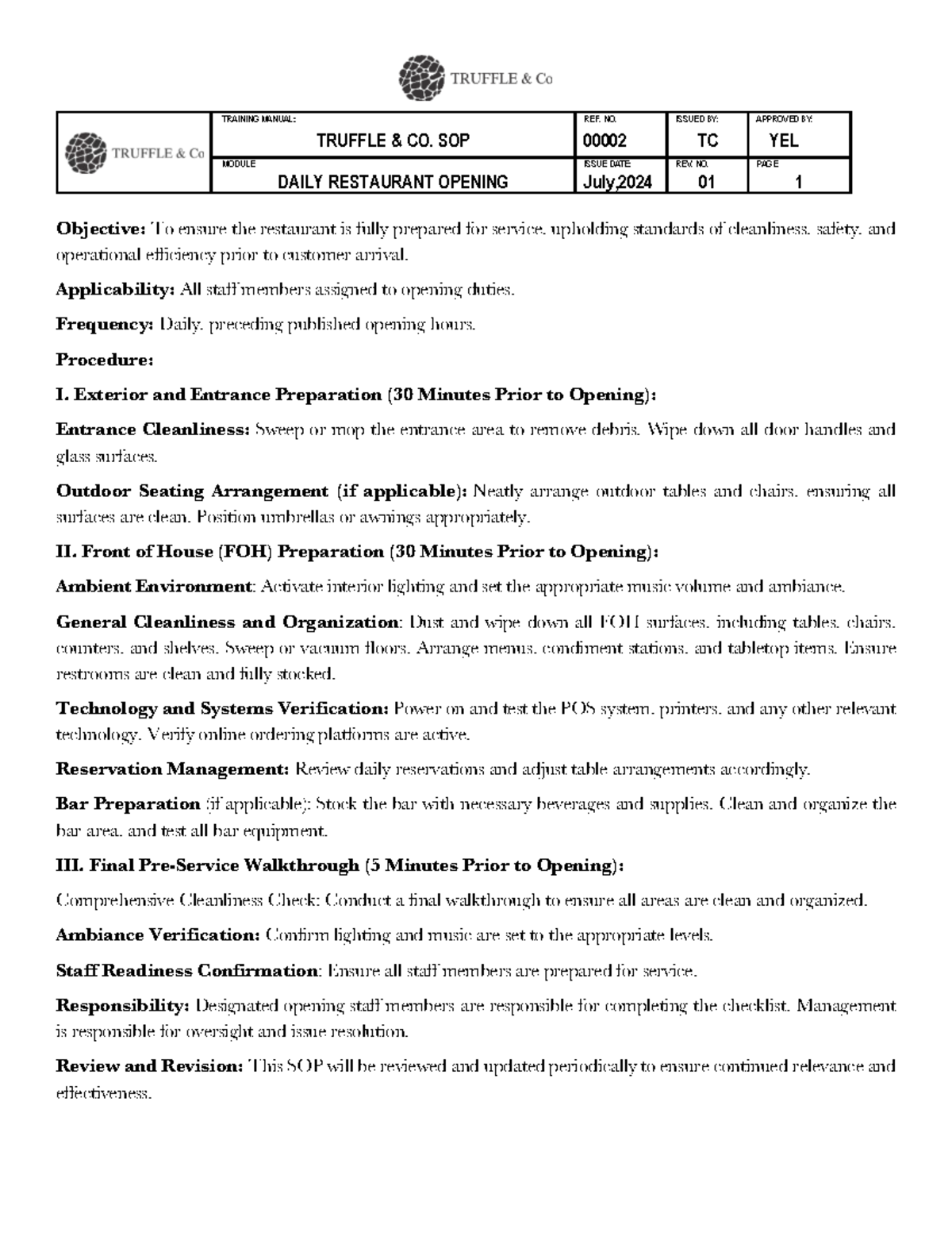 Truffle Co. SOP Manual: Daily Operations & Customer Service Standards ...