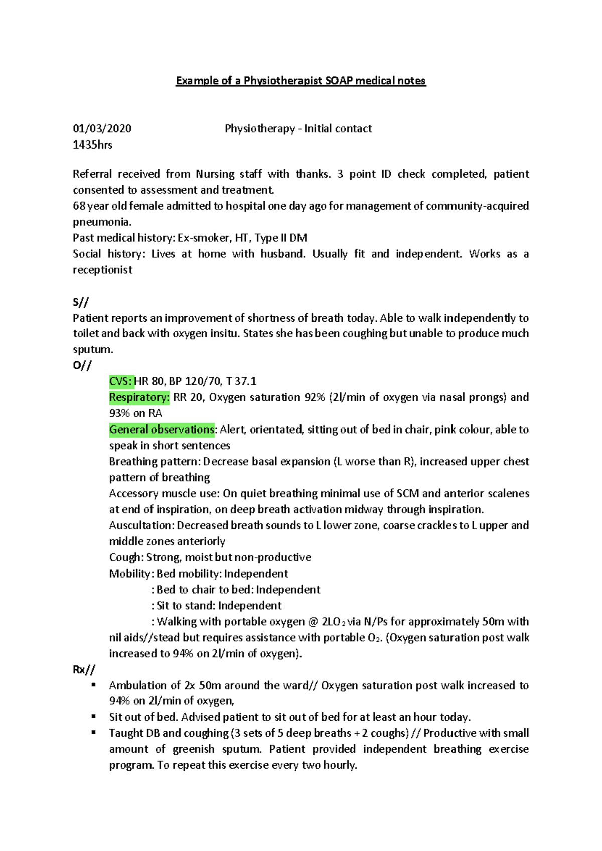 SOAP Note Example for Physiotherapy Assessment - 1435hrs - Studocu
