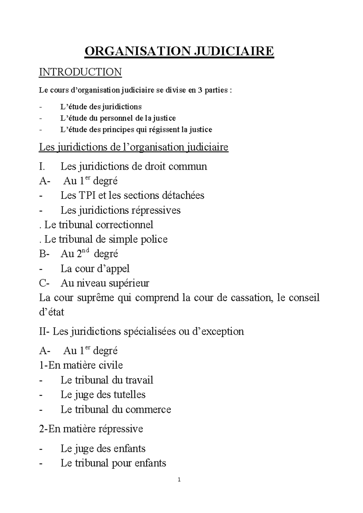 Cours d'Organisation Judiciaire - Juridictions et Personnel Judiciaire ...