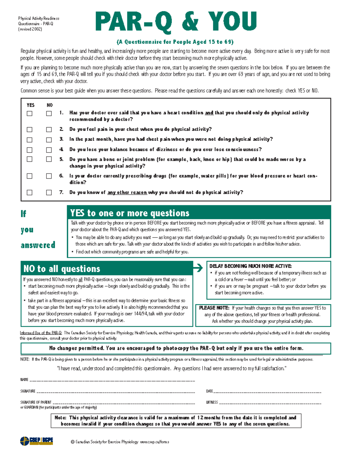 PAR-Q Questionnaire for Physical Activity Readiness (Revised 2002 ...