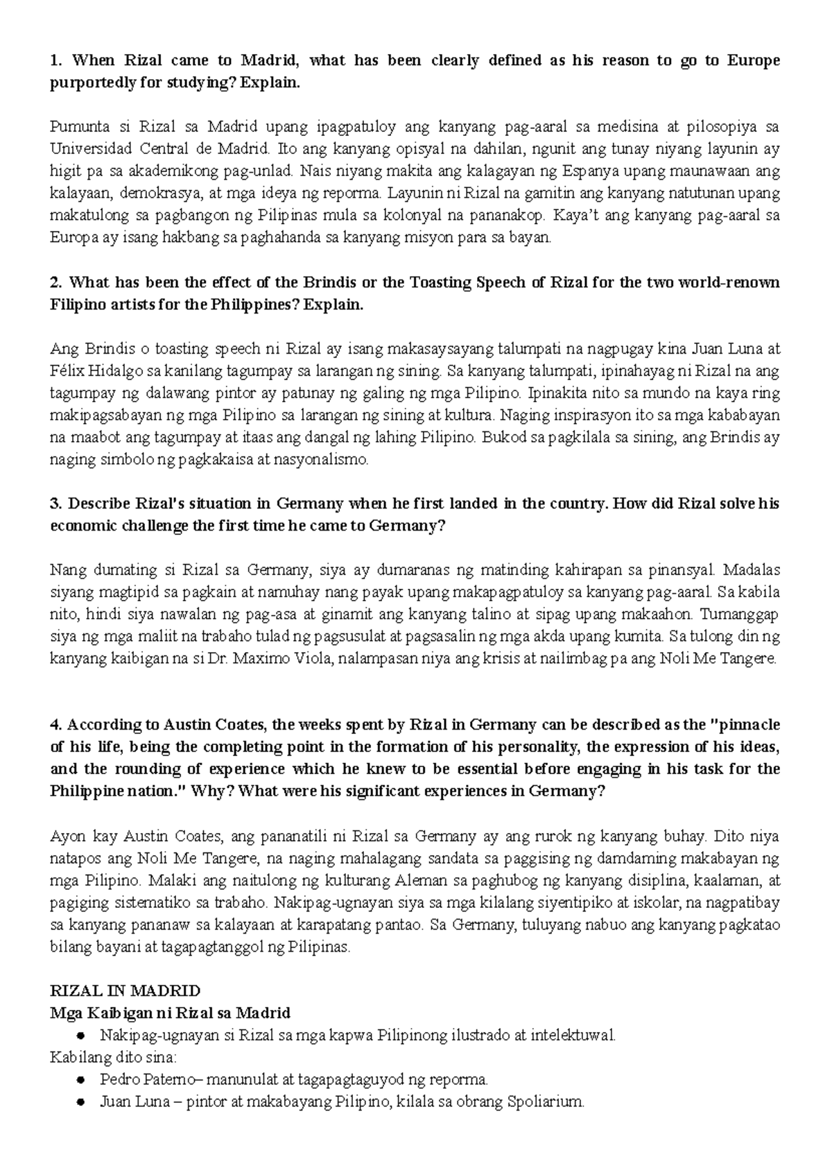 Rizal's Journey in Madrid and Germany: A Study Guide (RIZAL 101) - Studocu