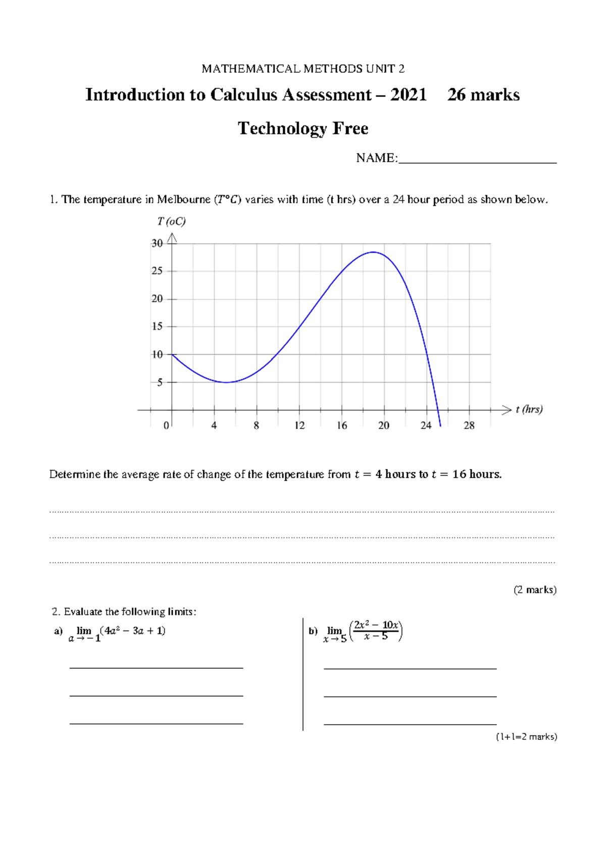 MATHEMATICAL METHODS UNIT 2: Calculus Remote Assessment 2021 - Studocu