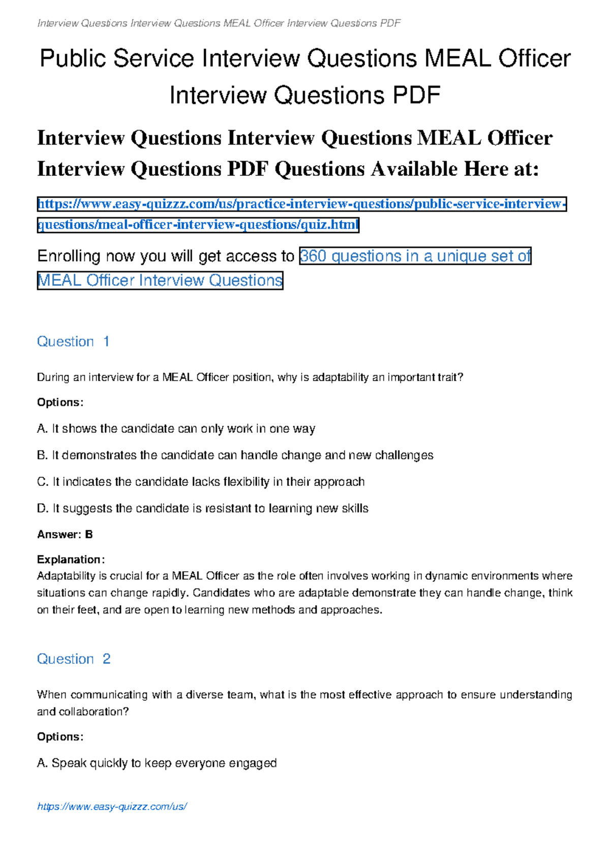 MEAL Officer Interview Questions: Essential Preparation Guide - Studocu