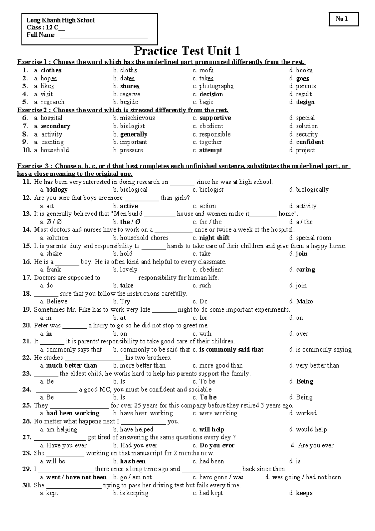 Unit 1 Practice Test Key: Exercises on Vocabulary & Sentence Structure ...