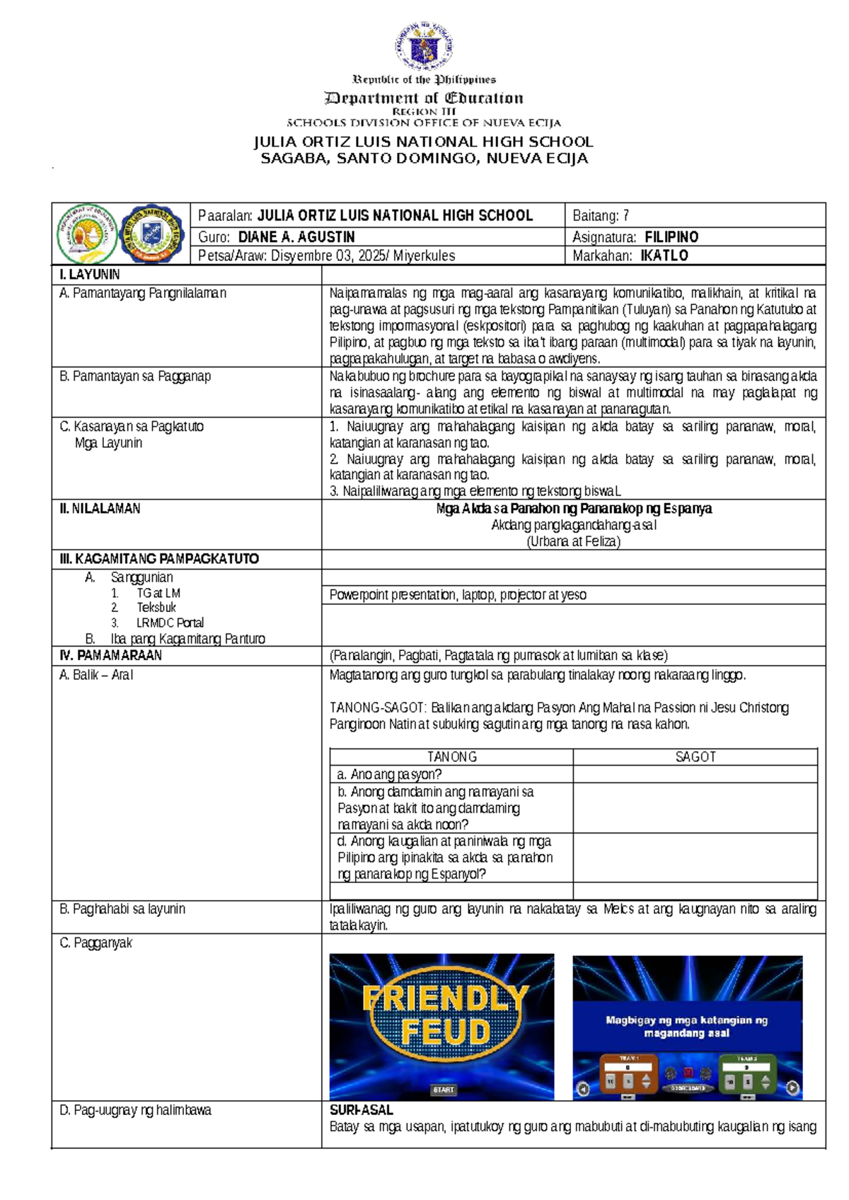 COT 1ST-3RD Qtr - Classroom Observation Tools for Filipino 7 - Studocu