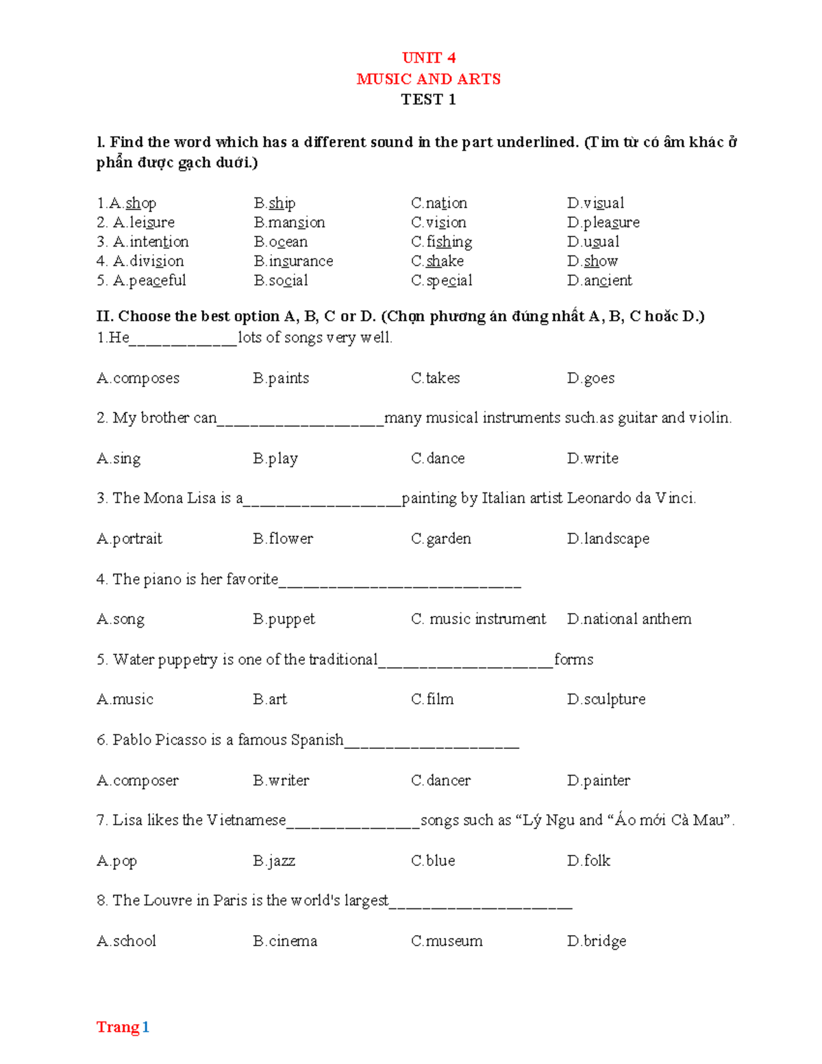 UNIT 4 MUSIC AND ARTS TEST 1: Sound Differences and Music Preferences ...