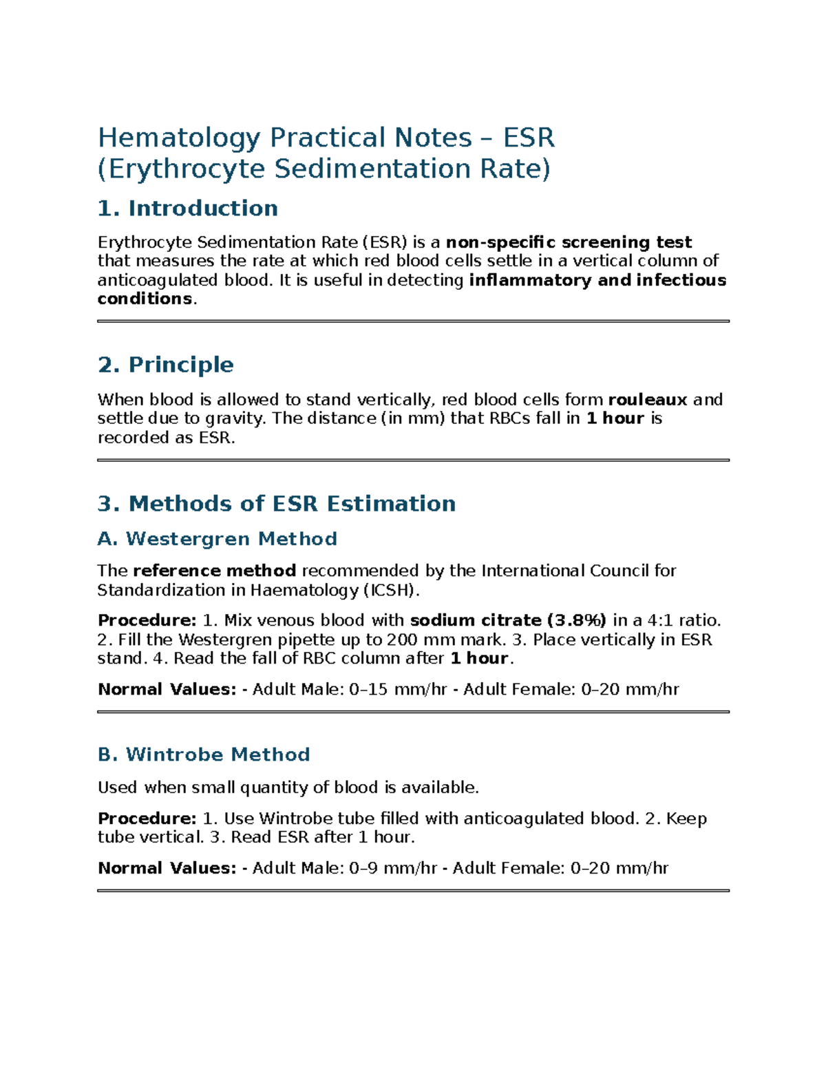 ESR Practical Notes: Westergren & Wintrobe Methods (Hematology, MLT ...