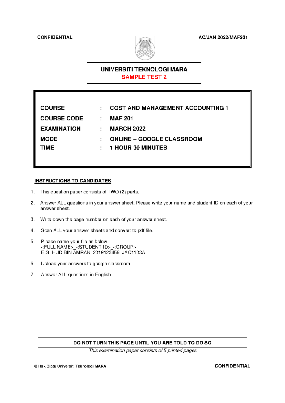 Sample Test 2 for MAF201 - Cost and Management Accounting Examination ...