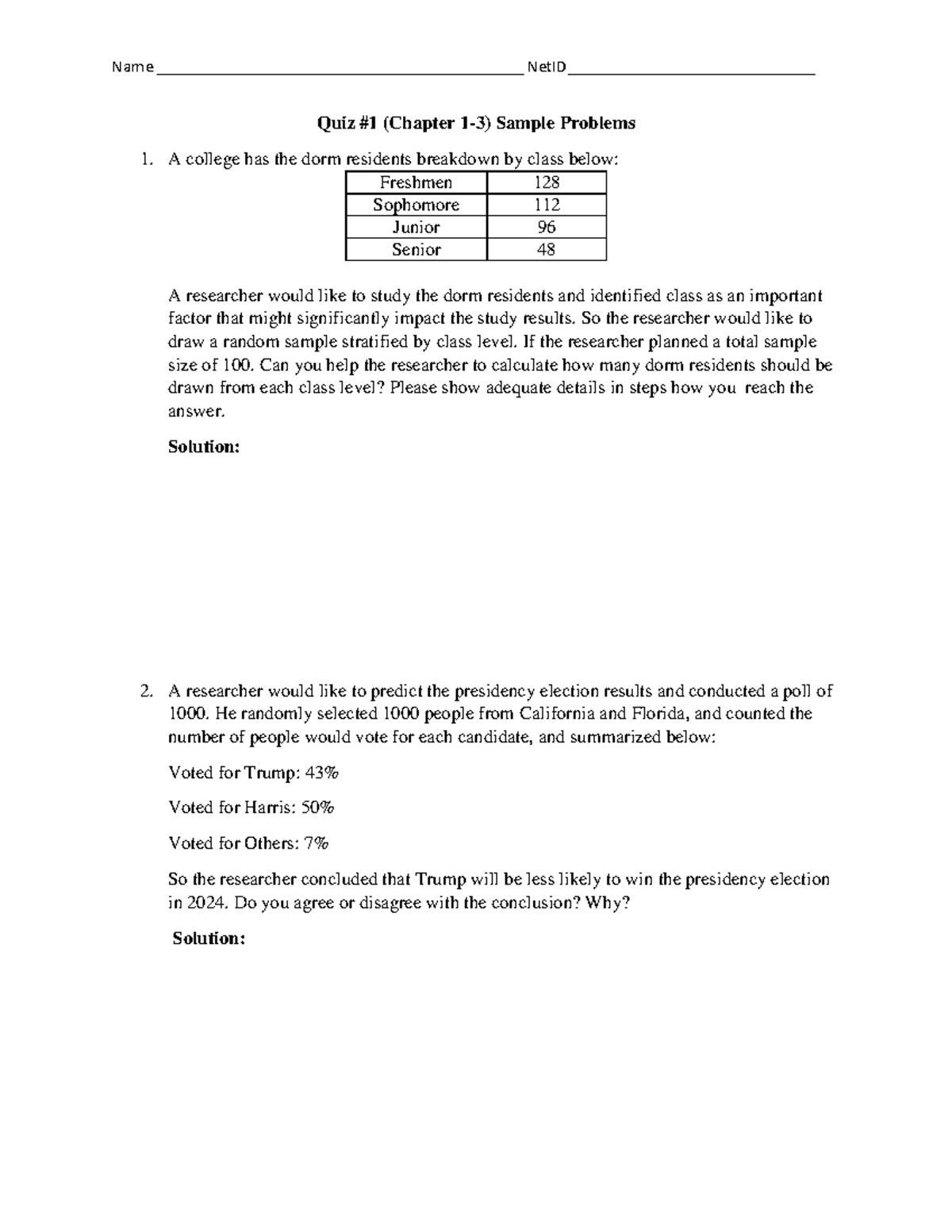 Quiz 1 Sample Problems (Statistics & Research Methods) - Studocu