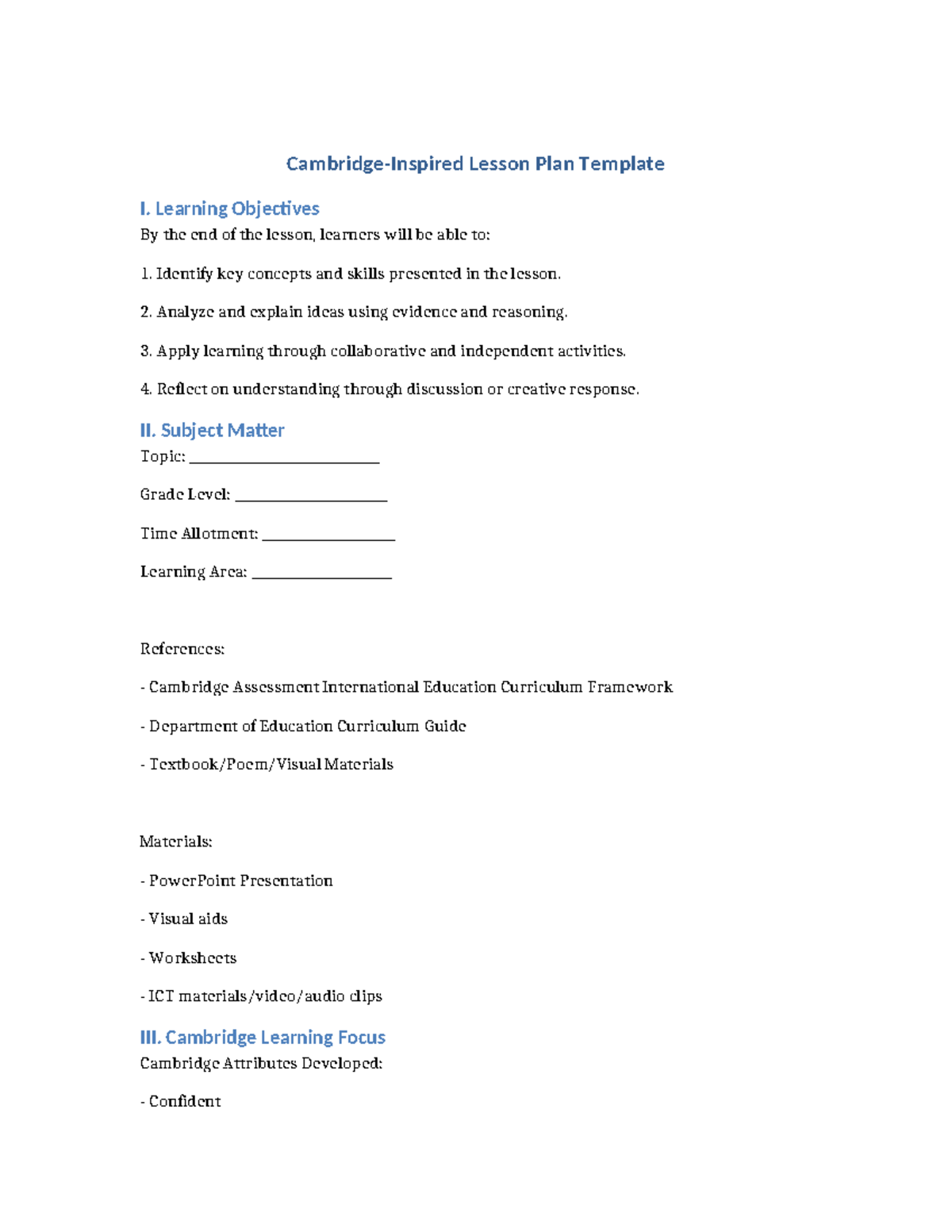 Cambridge Lesson Plan Template: Learning Objectives & Activities - Studocu
