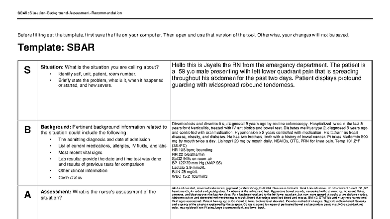 SBAR Template for Shock Assessment and Recommendations - Studocu