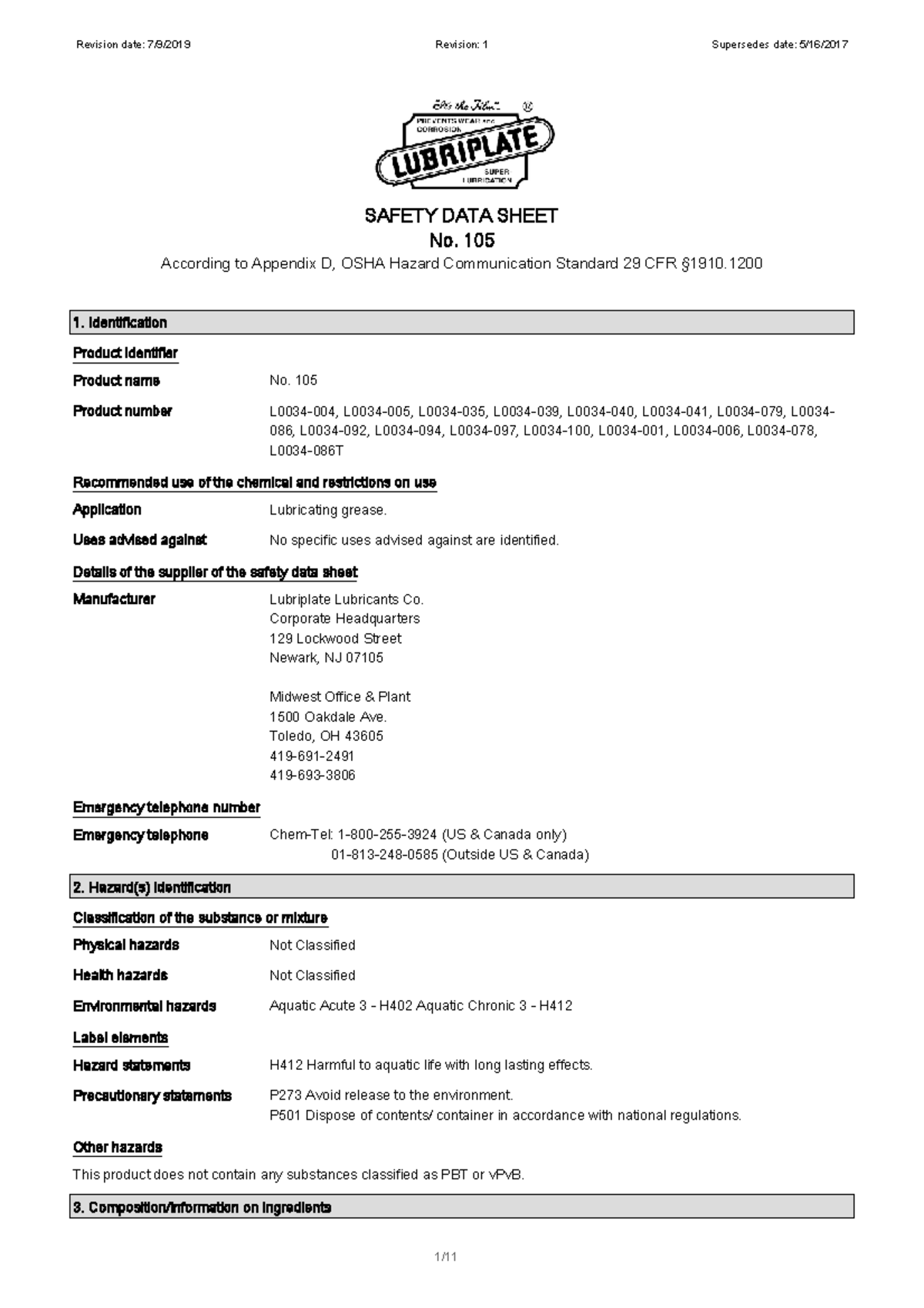 SDS No. 105: Safety Data Sheet for Lubricating Grease - Studocu