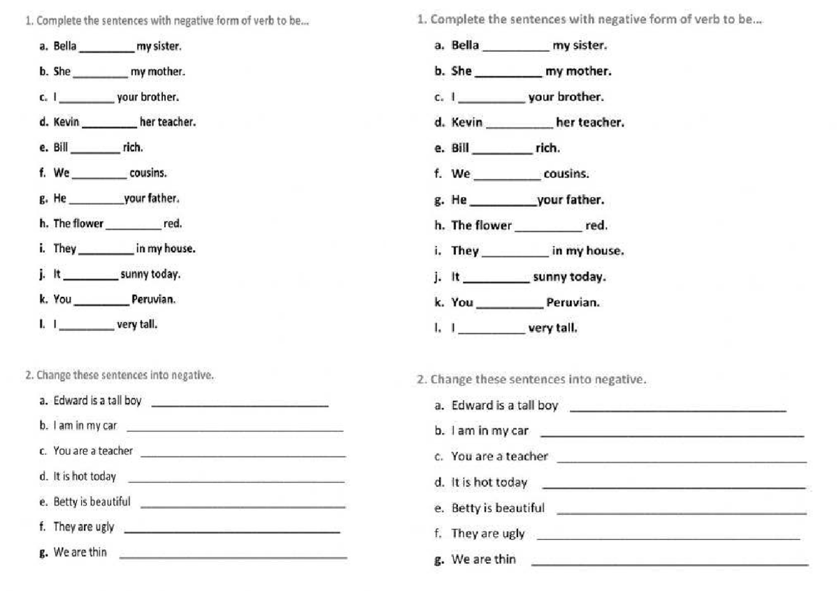 Verb To Be Negative Exercises