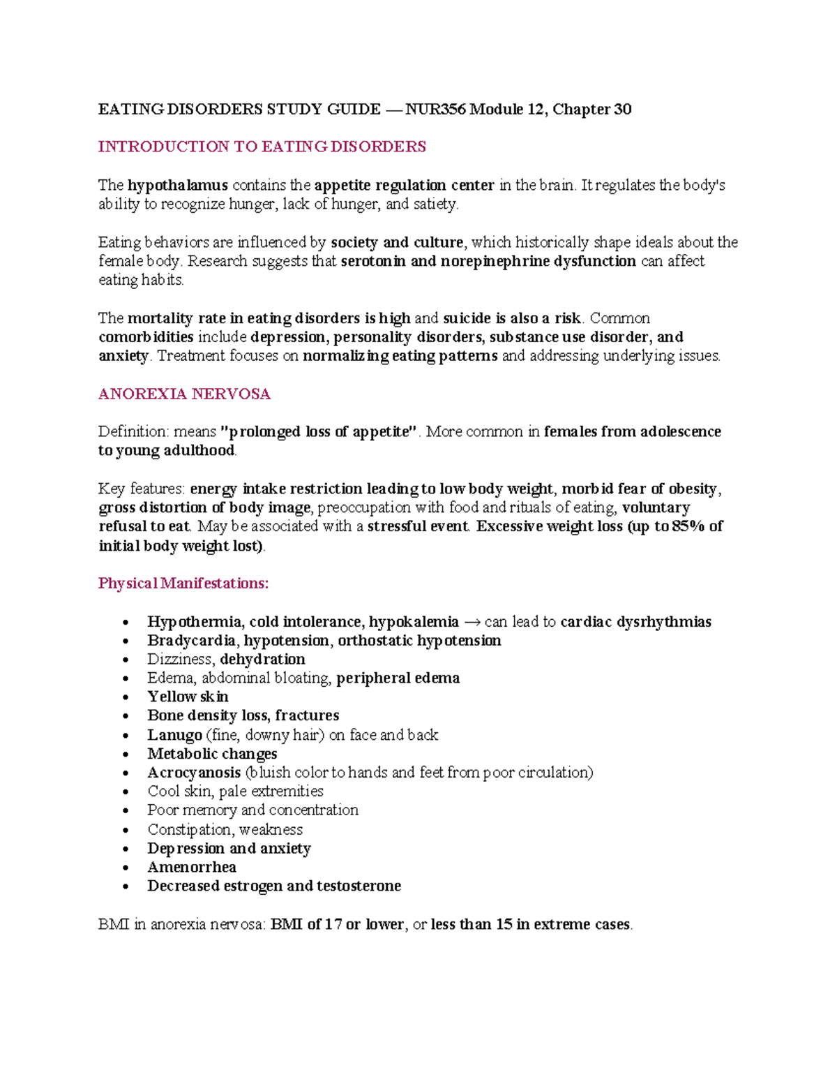 Mod 12 Study Guide: Introduction to Eating Disorders NUR356 - Studocu