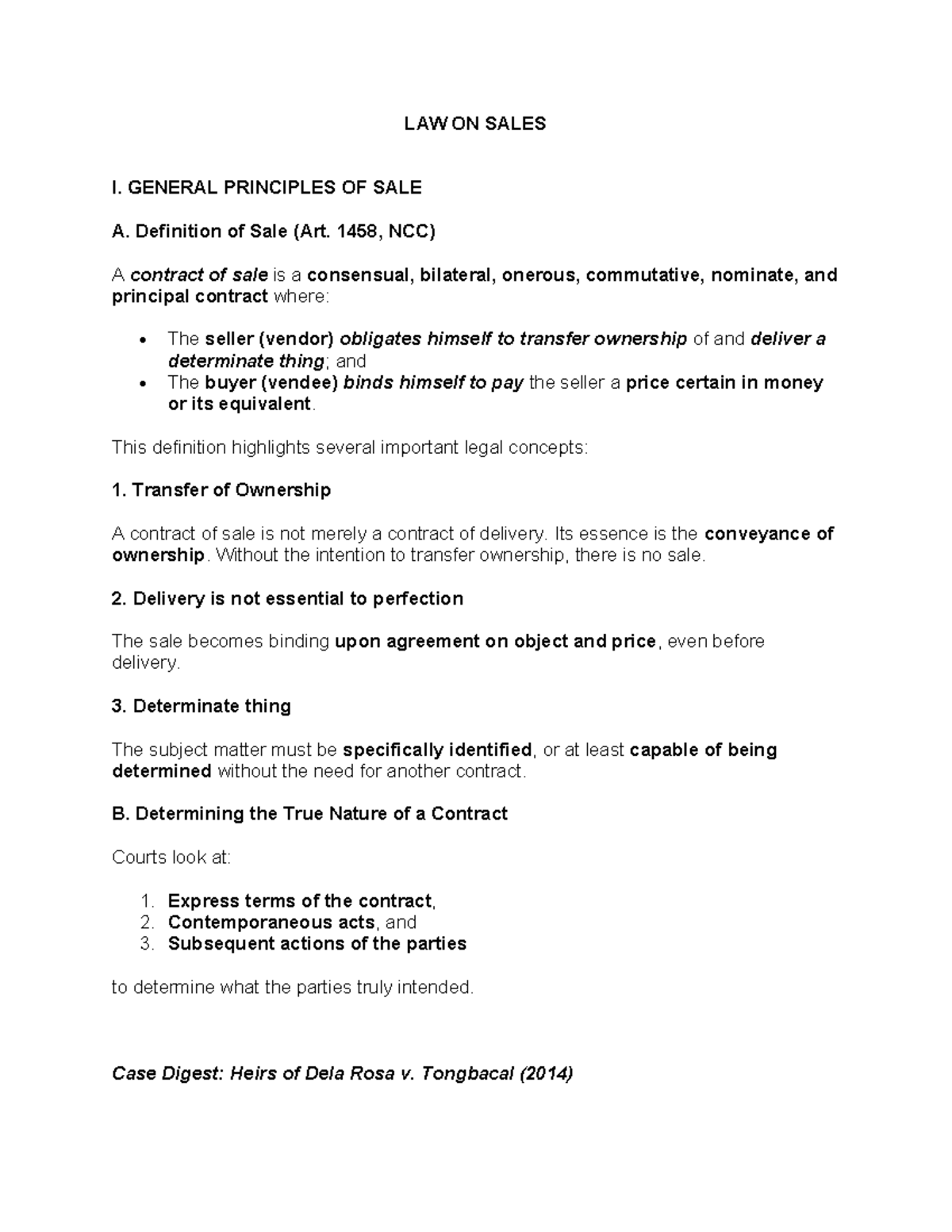 LAW 101: Comprehensive Reviewer on General Principles of Sale - Studocu