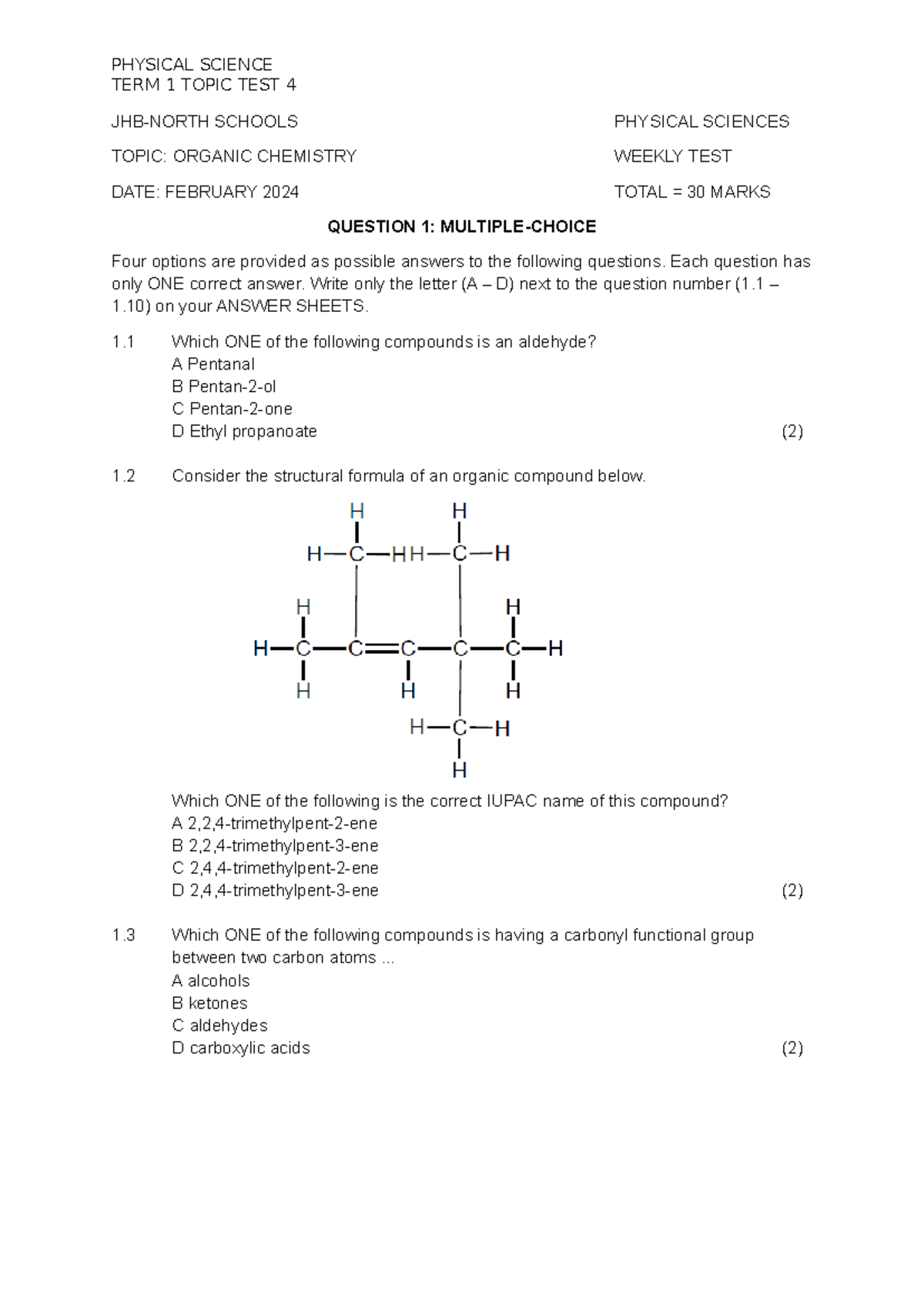 Orlando PLC TEST - Great - PHYSICAL SCIENCE TERM 1 TOPIC TEST 4 JHB ...