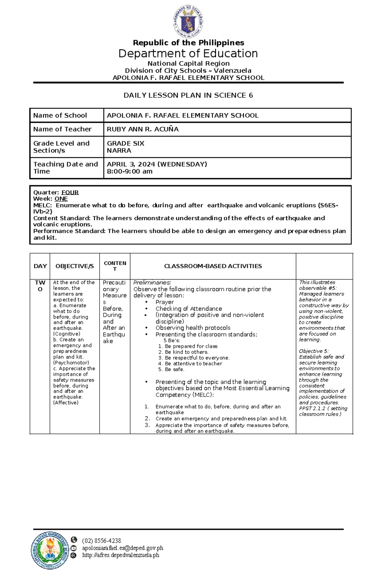 COT4 Q4 W2 Daily Lesson Plan in Science 6: Earthquake Preparedness ...