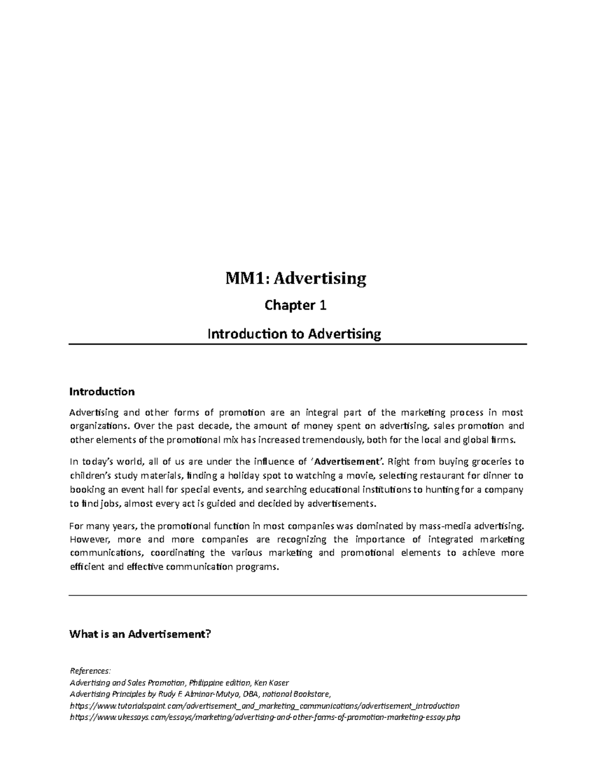 MM1 (Ch. 1 - Introduction to Advertising and Its Significance) - Studocu