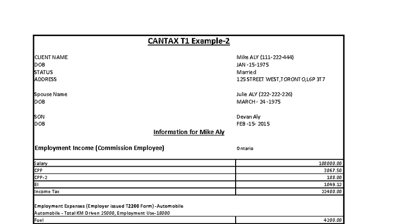 Tax Return for Mike Aly - CANTAX T1 2024 Example - Studocu
