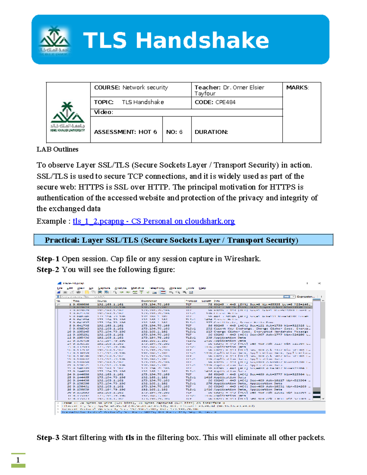Lab 6: TLS Handshake Analysis - CPE484 Network Security - Studocu