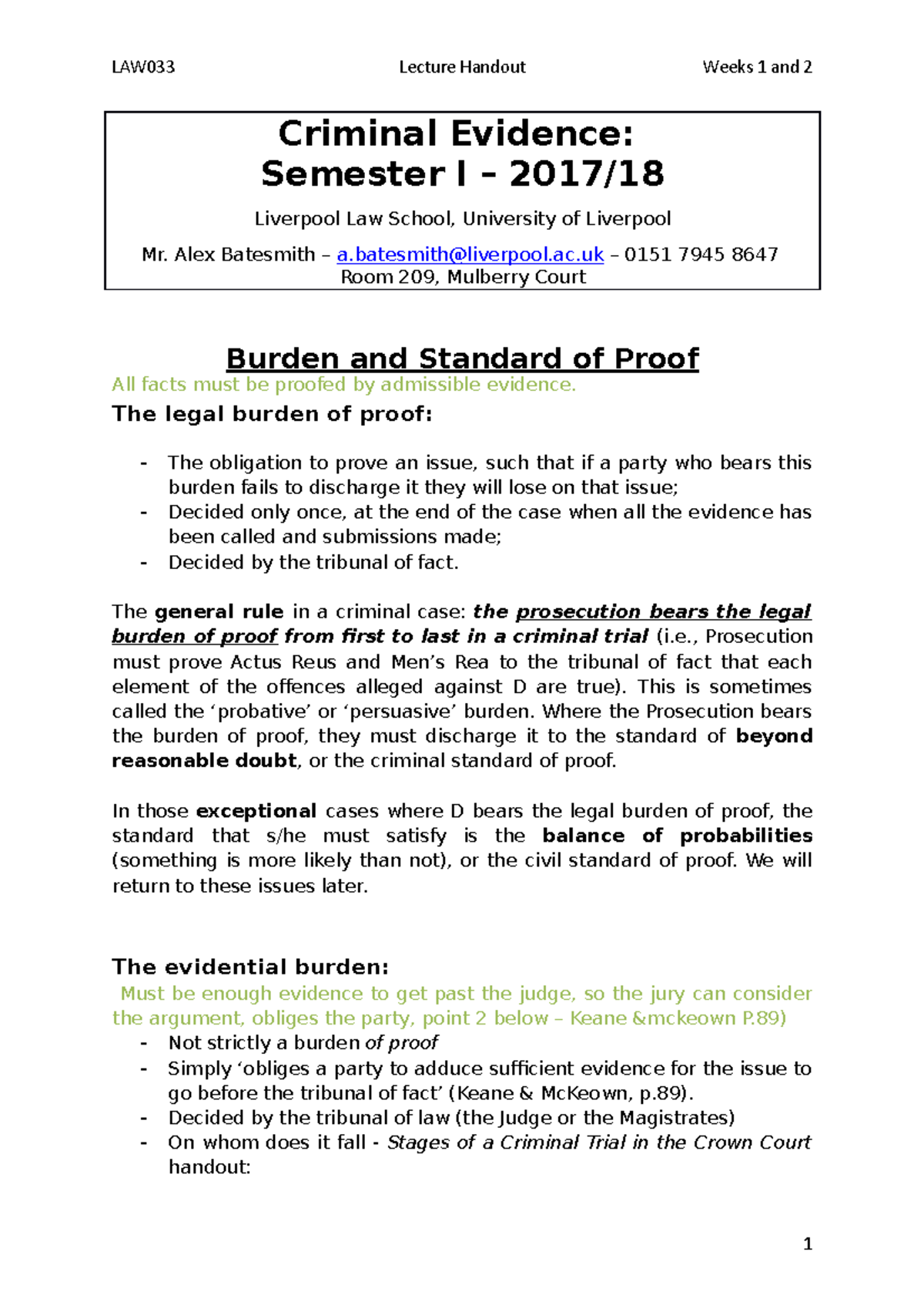 Burden & Standard of Proof: Criminal Evidence Handout (Law 101) - Studocu