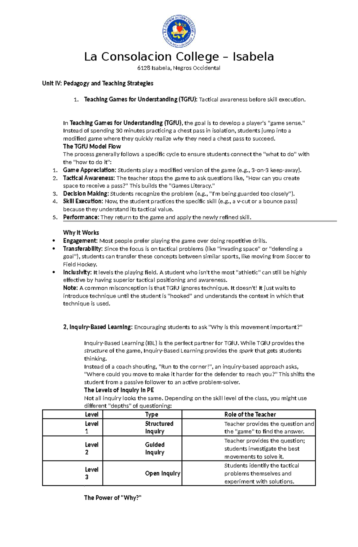 EED 323 Unit IV: Pedagogy & Teaching Strategies - TGfU Insights - Studocu