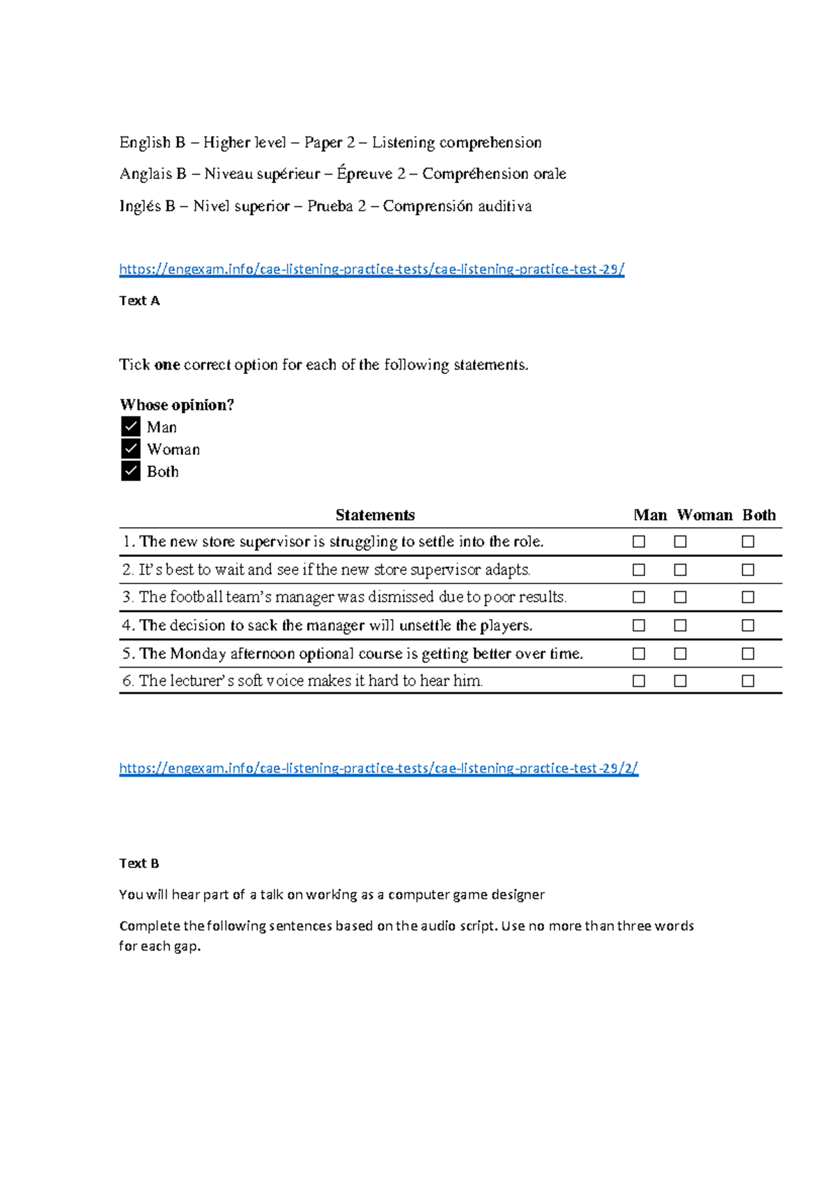 English B HL Paper 2 listening comprehension exercise and answers - Studocu