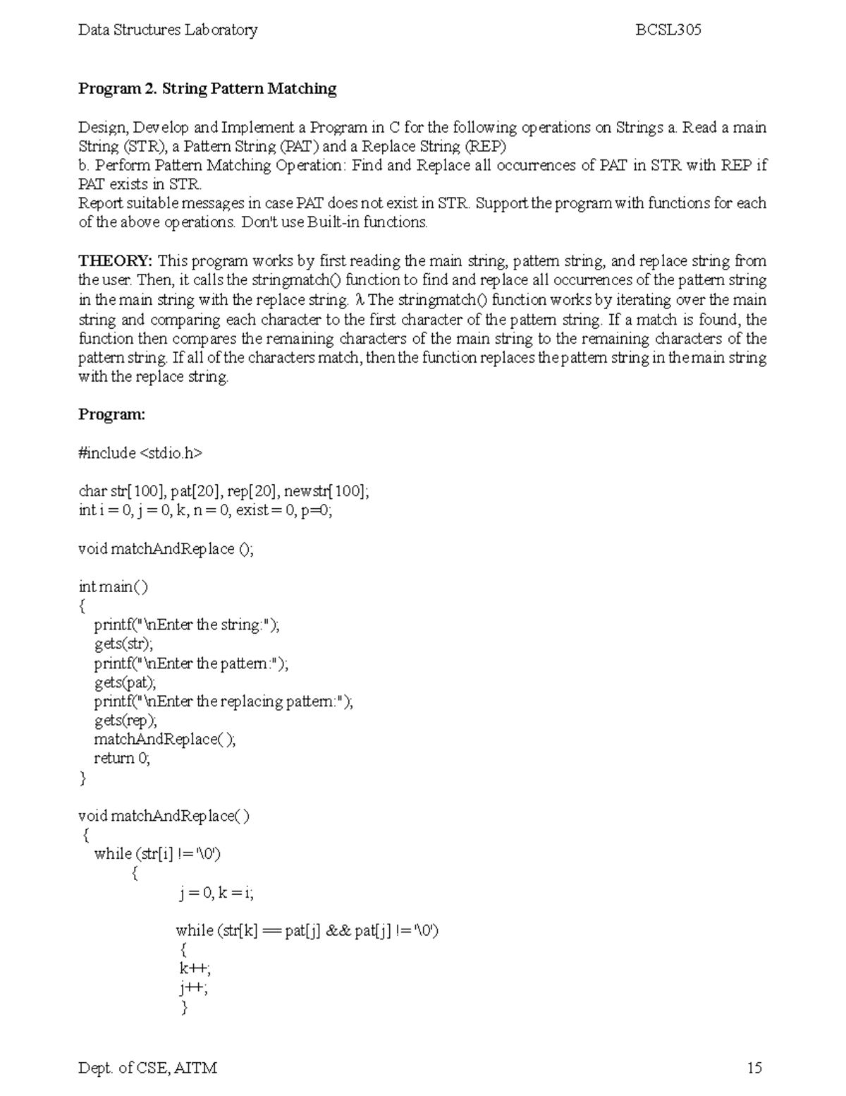 BCSL305 Lab Program 2: String Pattern Matching in C - Studocu