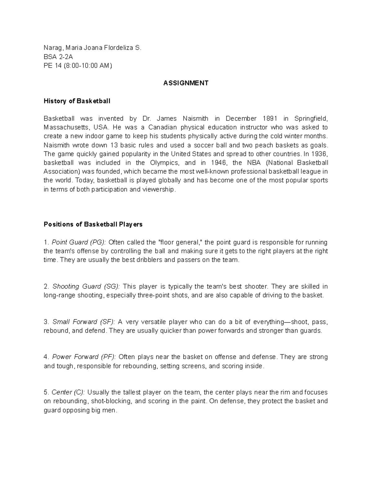 BSA PE 14 AM assignment: History and positions of basketball - Studocu