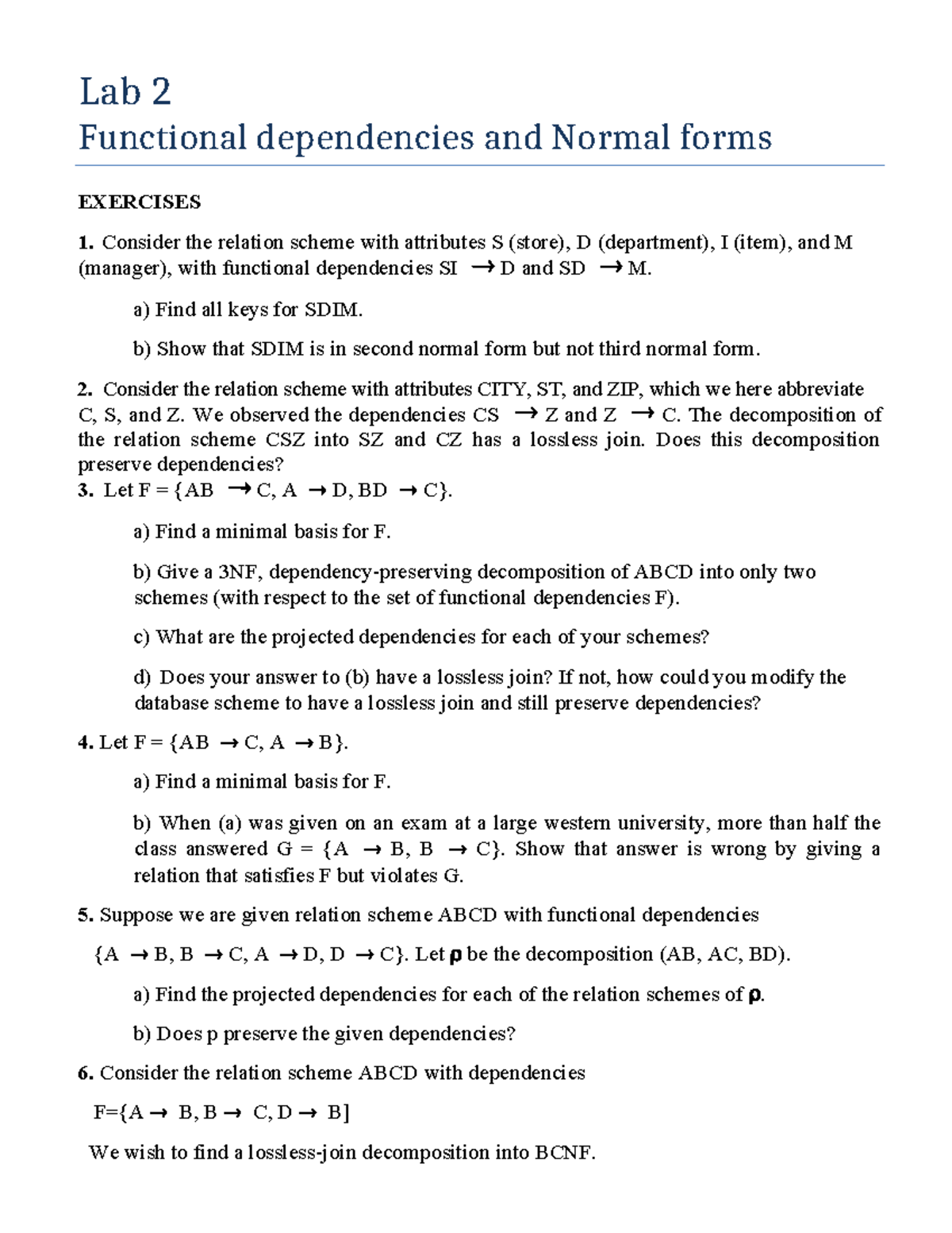 Lab 2 - Functional Dependencies & Normal Forms Exercises - Studocu