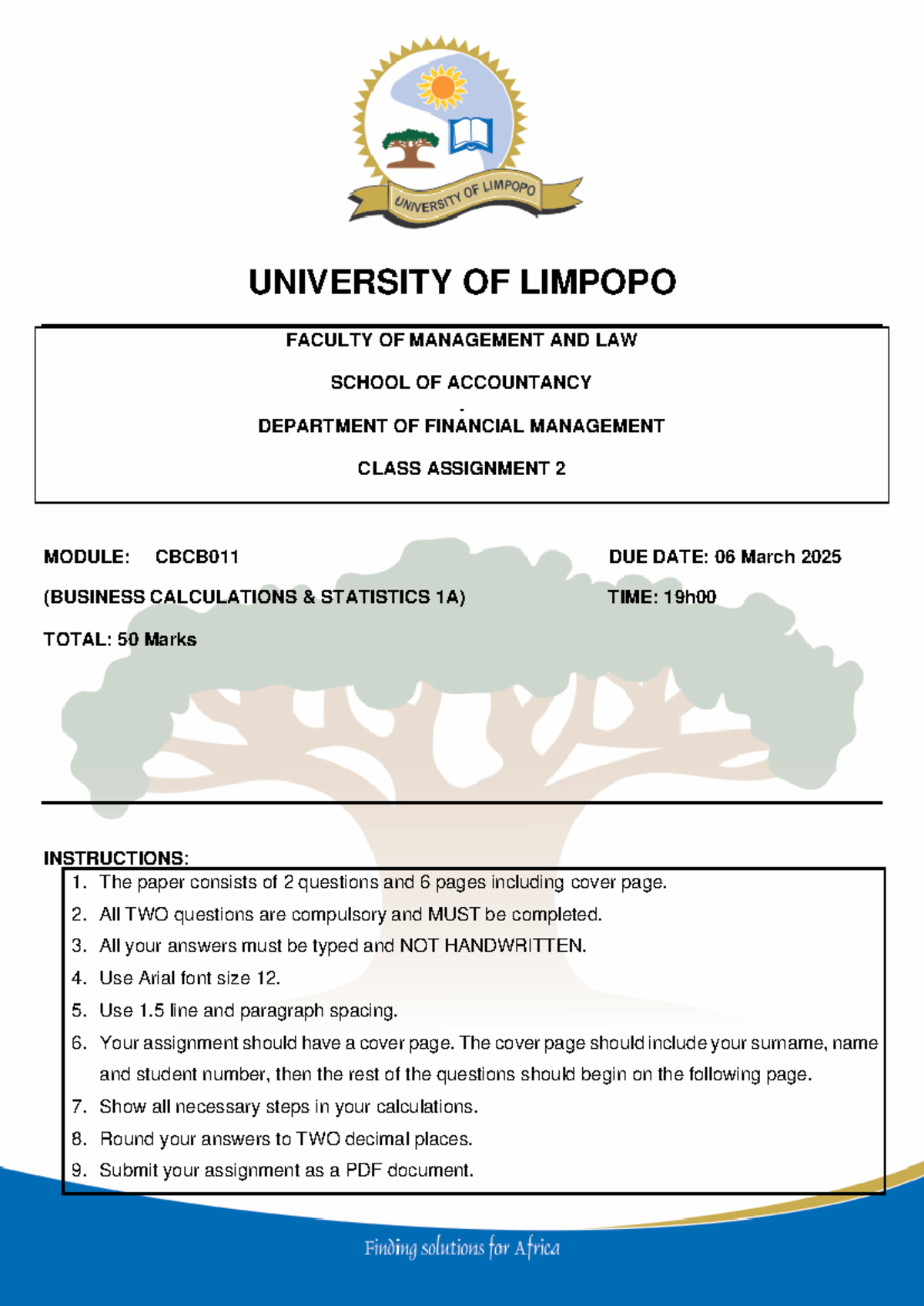 Class Assignment 2 - Business Calculations & Statistics (CBCB 011 ...