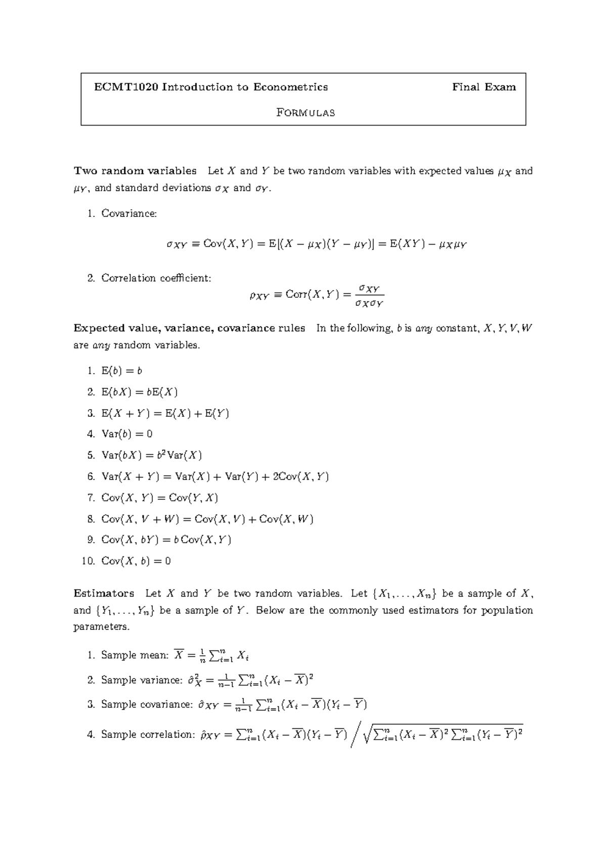 ECMT1020 2025S1 Final Exam Formulas and Statistical Tables - Studocu