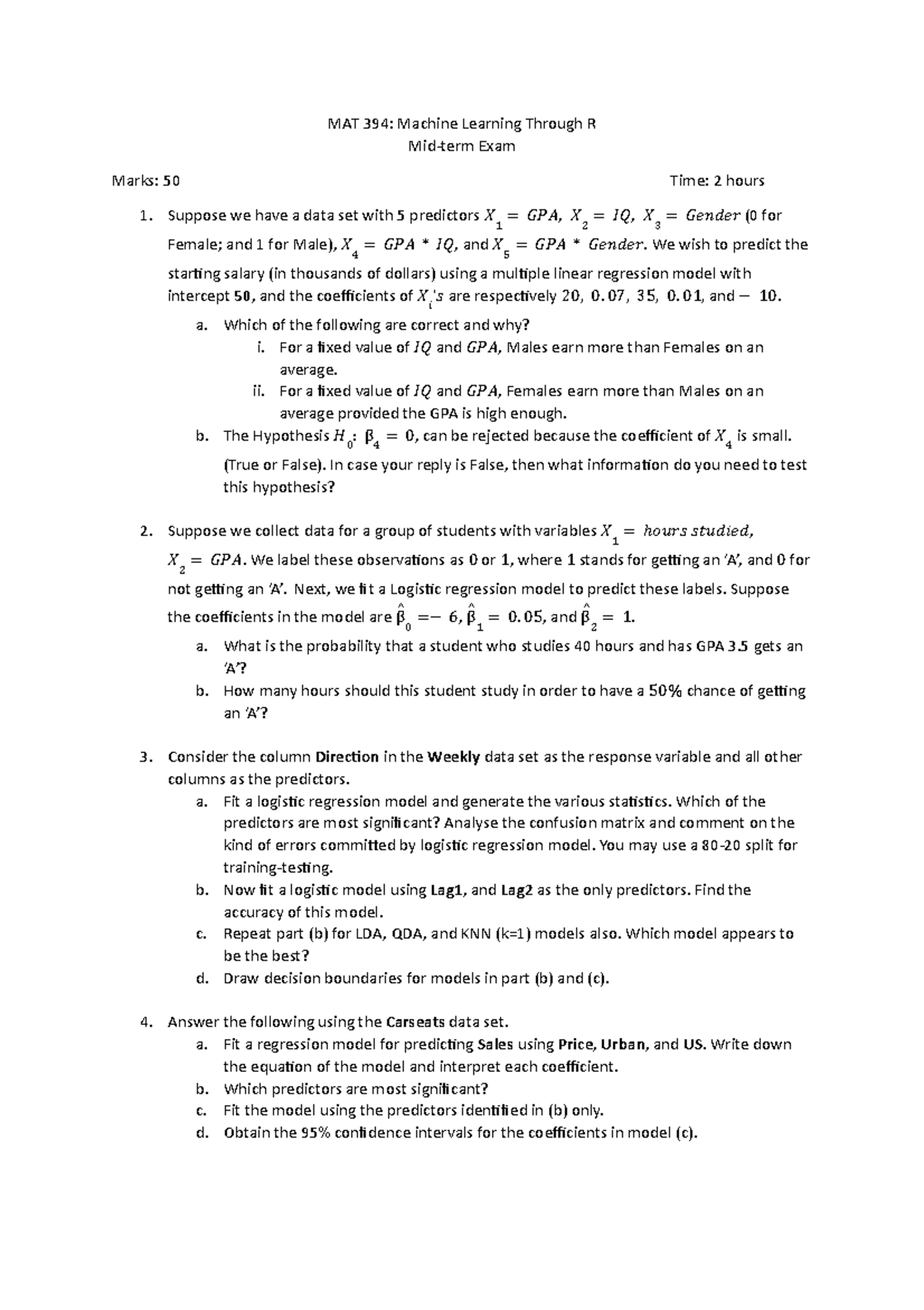 MAT 394 Midterm Exam Question Paper on Machine Learning Concepts - Studocu