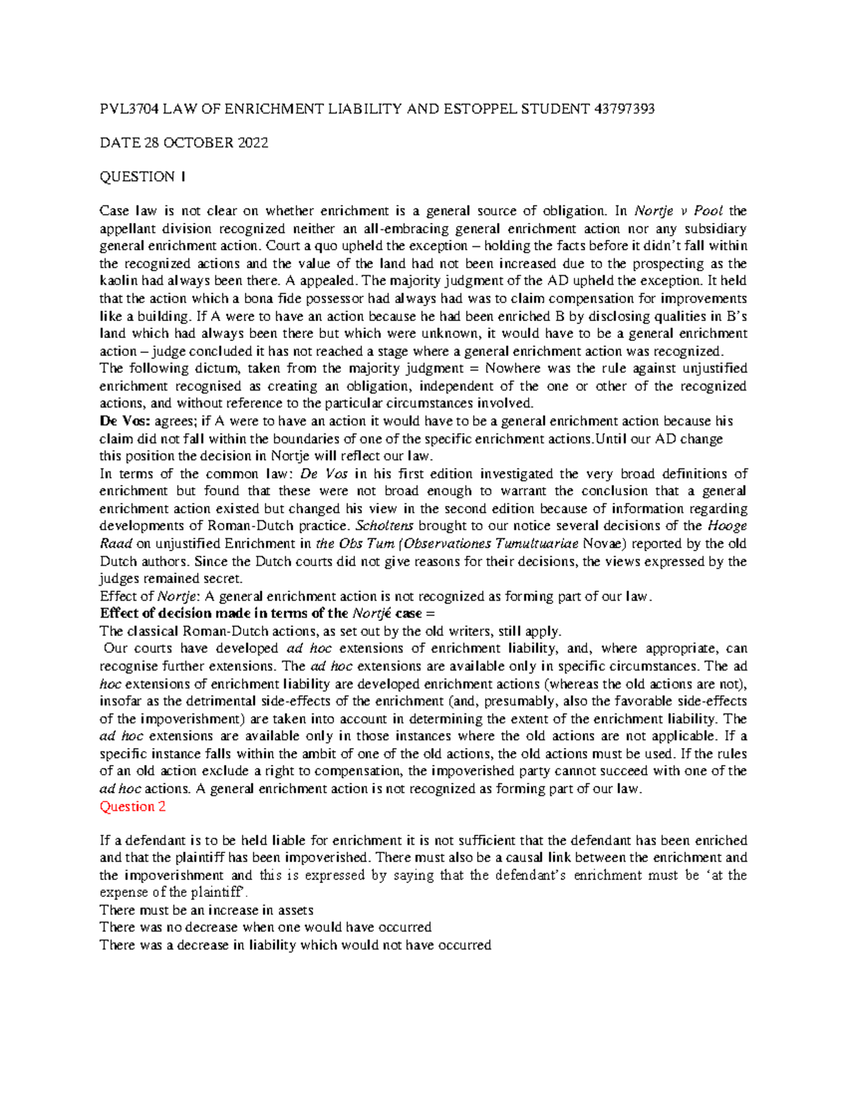 PVL3704 LAW OF Enrichment Liability & Estoppel EXAM NOTES 43797393 ...