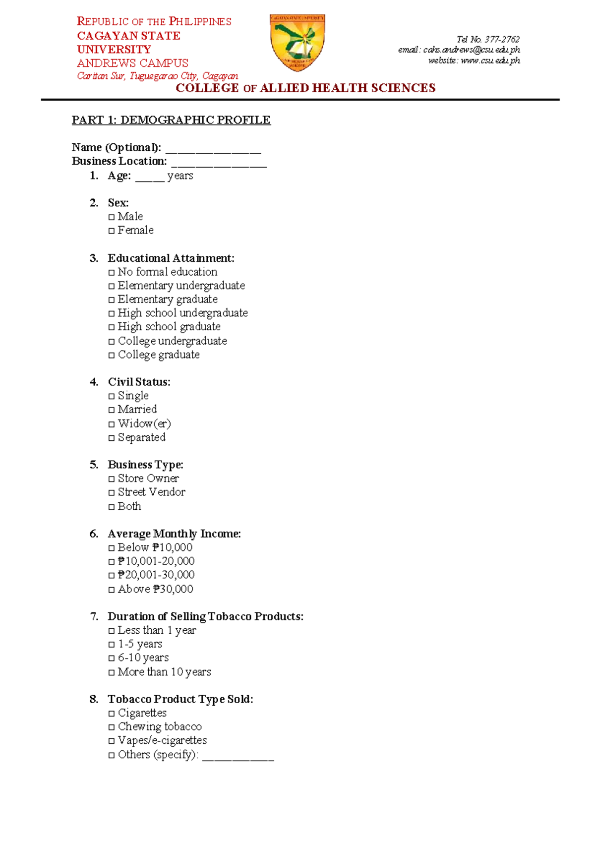 Questionnaire on Tobacco Regulation Awareness - CAHS 2023 - Studocu