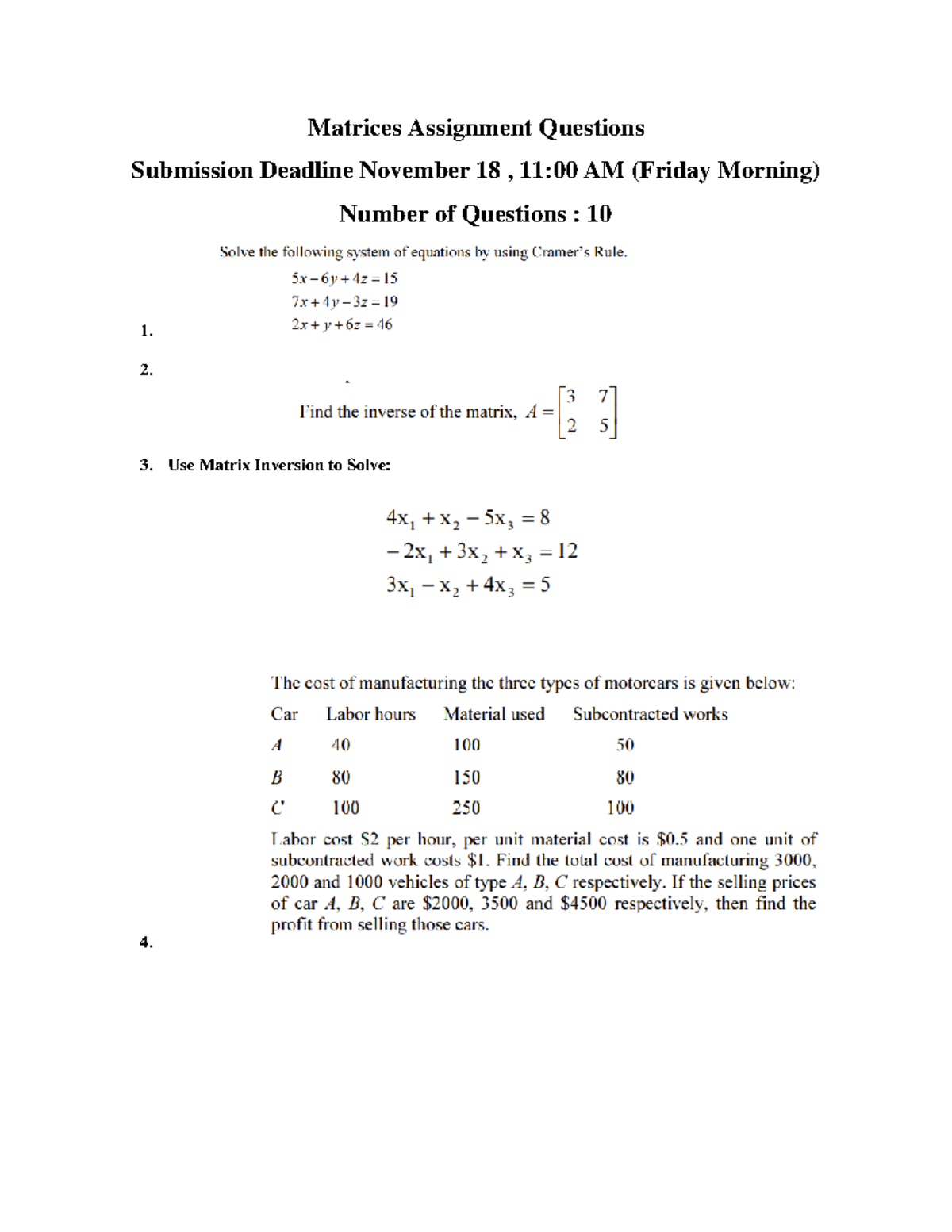 MAT 101 Matrices Assignment Practice Questions - Due Nov 18 - Studocu