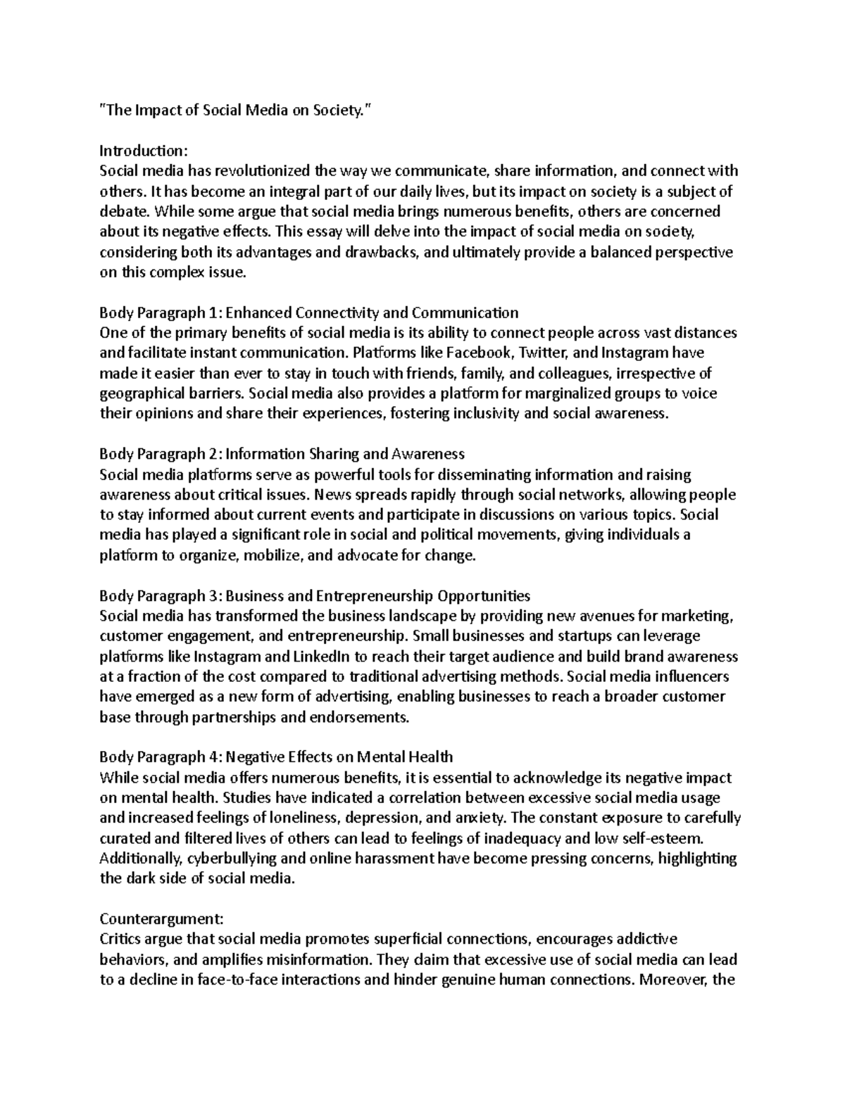 The Impact of Social Media on Society: A Balanced Essay Analysis - Studocu