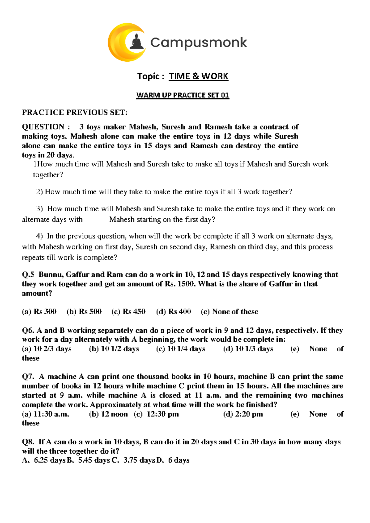 Time and Work Class Sheet: Practice Set 01 Questions and Solutions ...