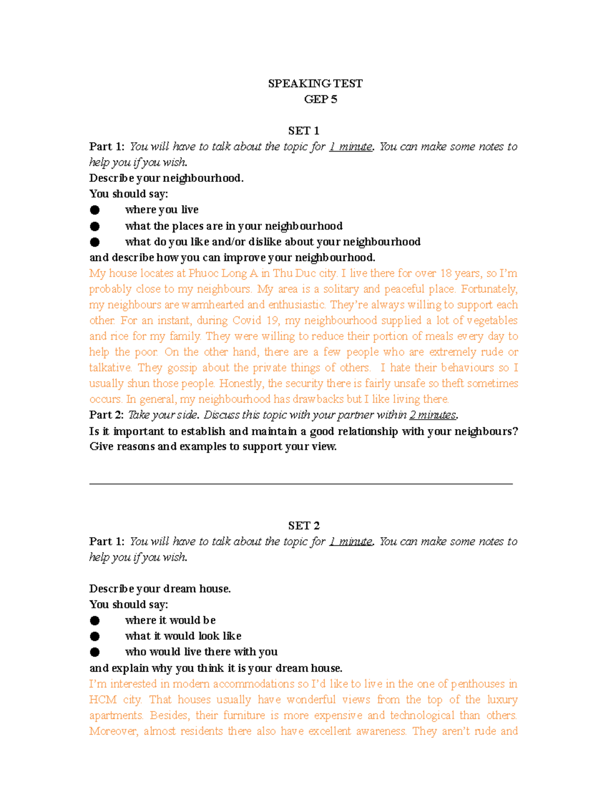 GEP 5 Speaking Test Updated Sets for Practice and Review - Studocu