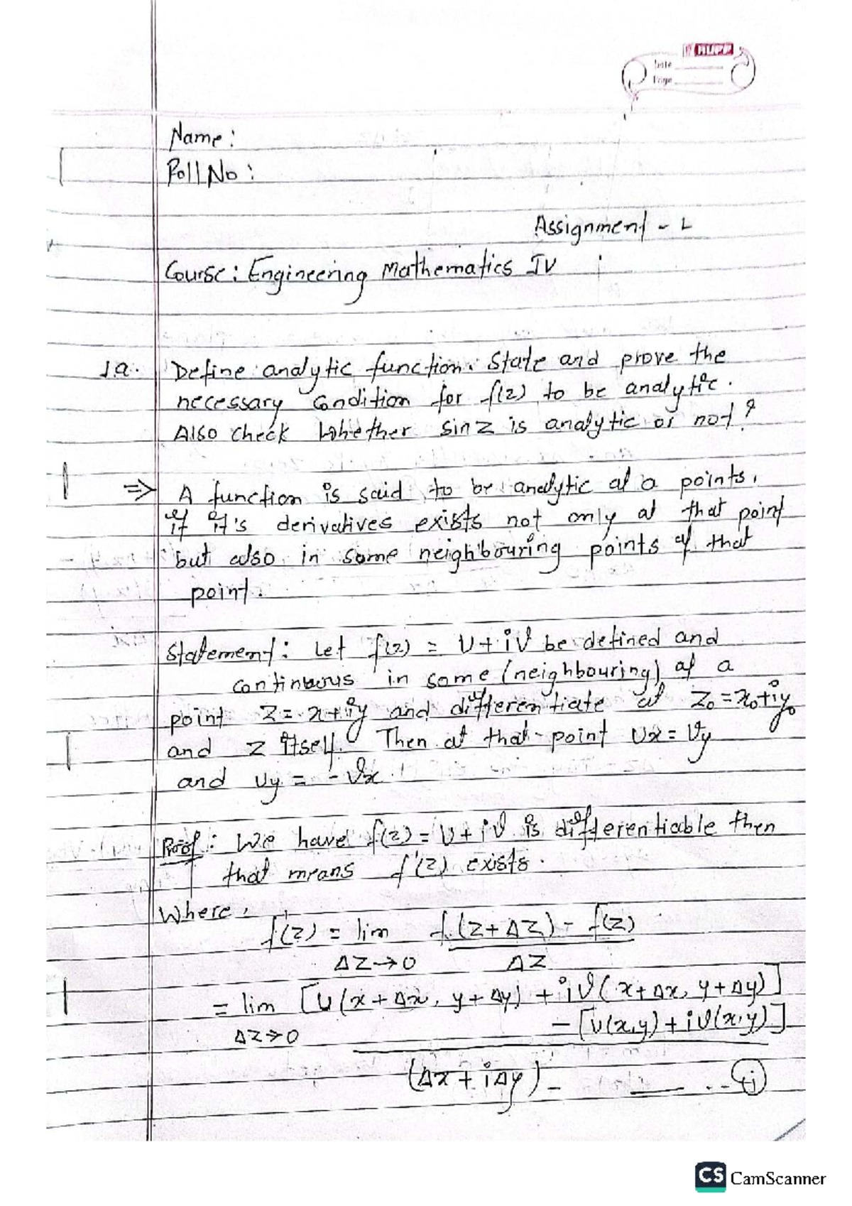 Analytic Functions and Cauchy Integral Formula - Eng Math IV - Studocu