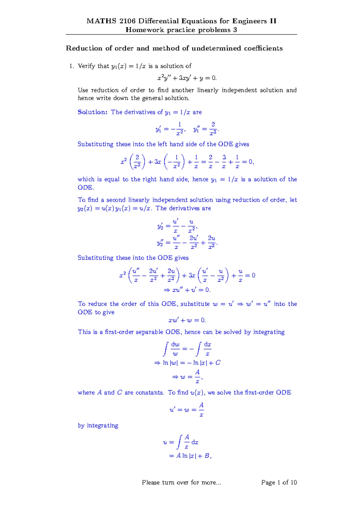 MATHS 2106 Differential Equations II Homework Practice Solutions - Studocu