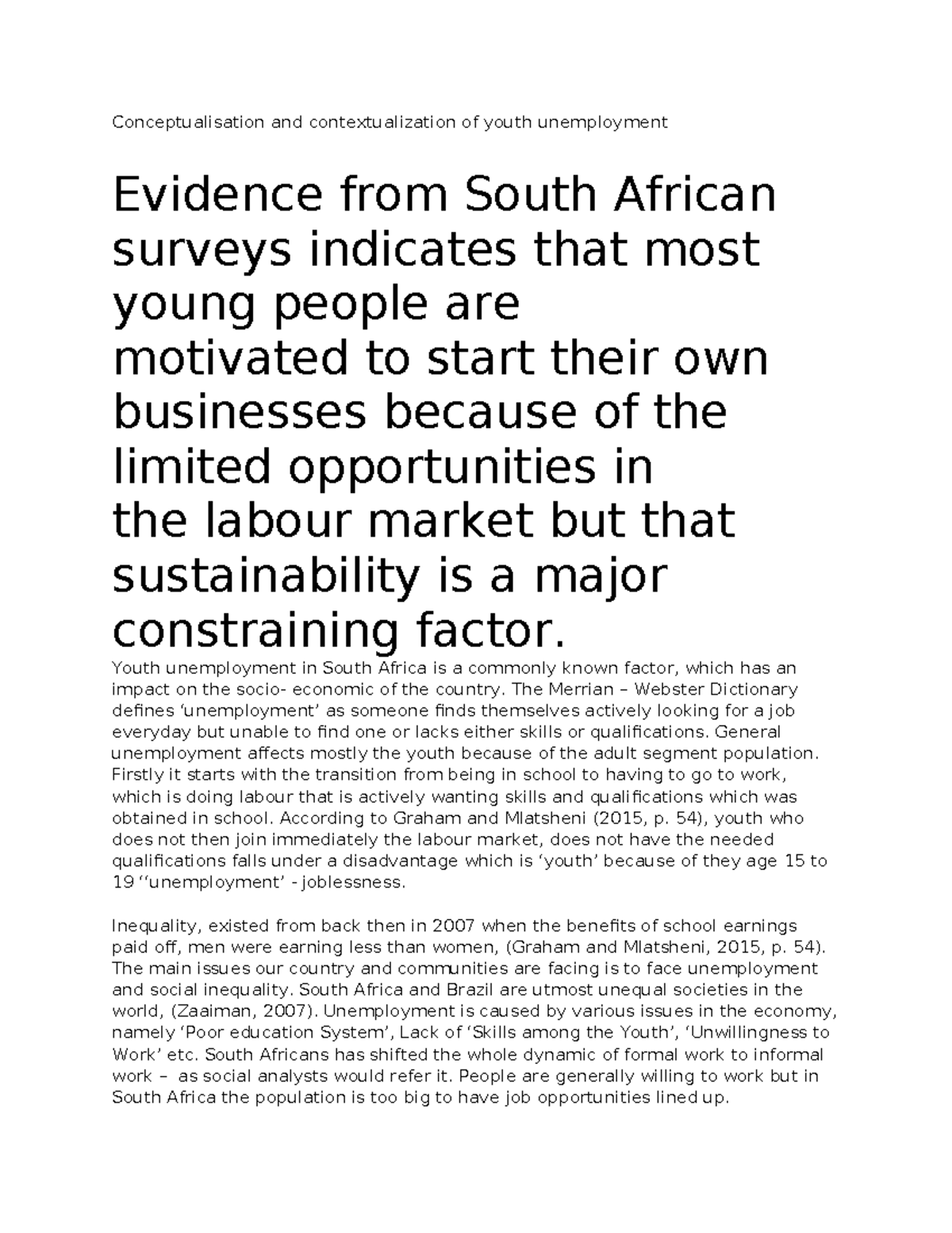 Youth Unemployment and Informality in South Africa: Challenges ...