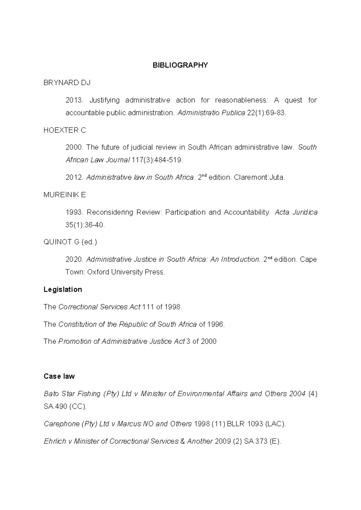 Bibliography Format for Admin Law Studies (Course Code) - Studocu