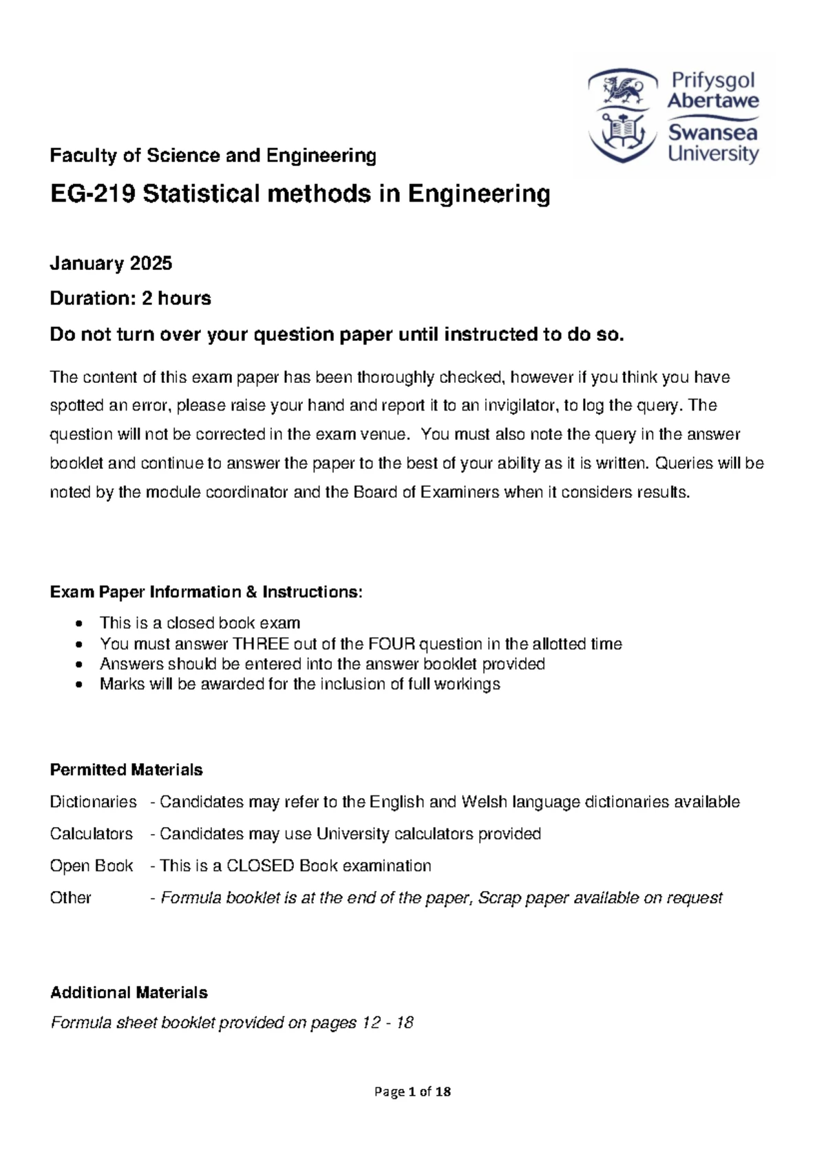 Exam EG219 Statistical Methods in Engineering 2023 Question Paper - Studocu